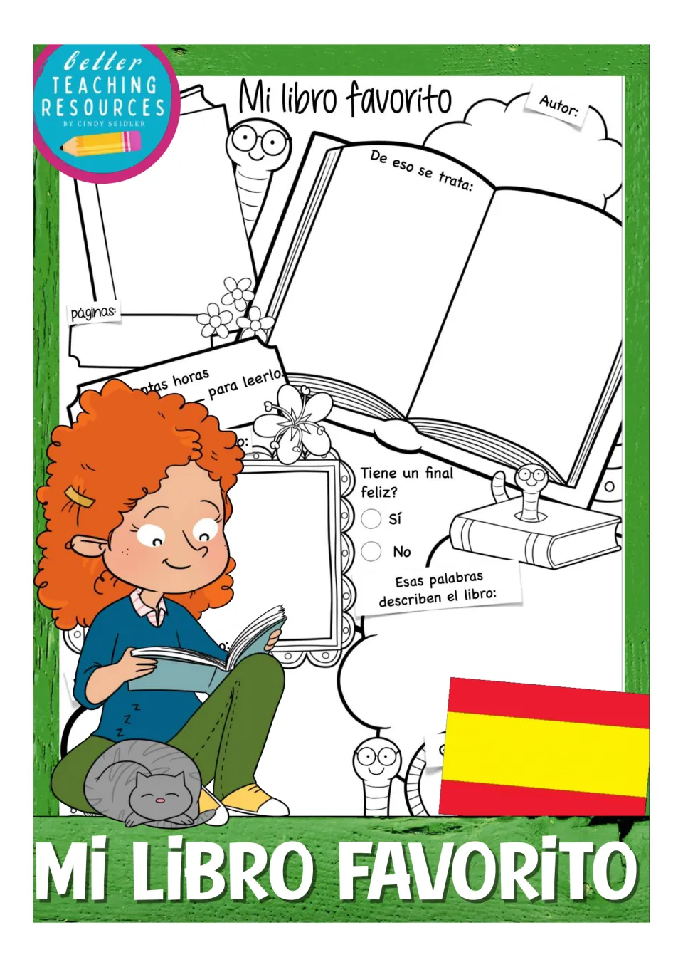 Cover of the Spanish favorite-book writing resource, featuring a sample of the prompted response template.