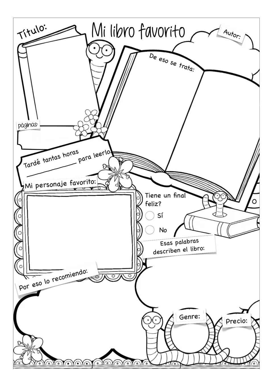 Spanish book response template: title, author, summary, favorite character, recommendation, genre, and price.