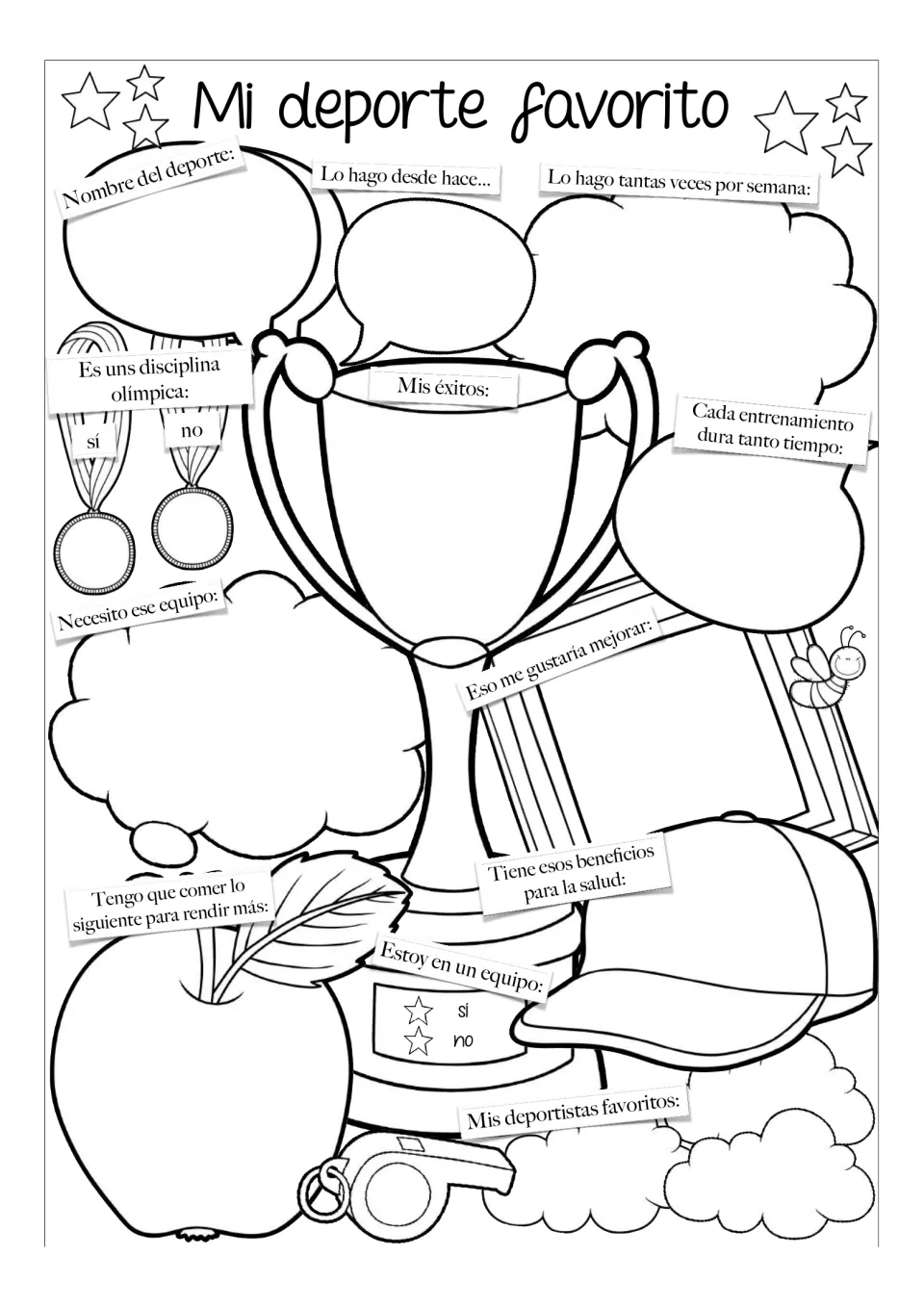 Spanish favorite sport worksheet: sport name, practice frequency, achievements, equipment, and health benefits.