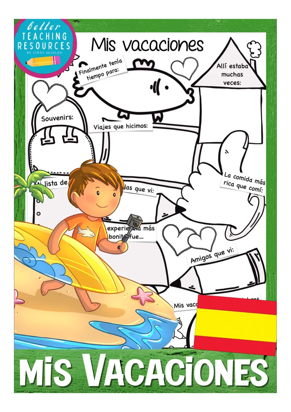 Mis Vacaciones cover: a boy with a surfboard and a Spanish flag over a preview of the Spanish vacation writing sheet