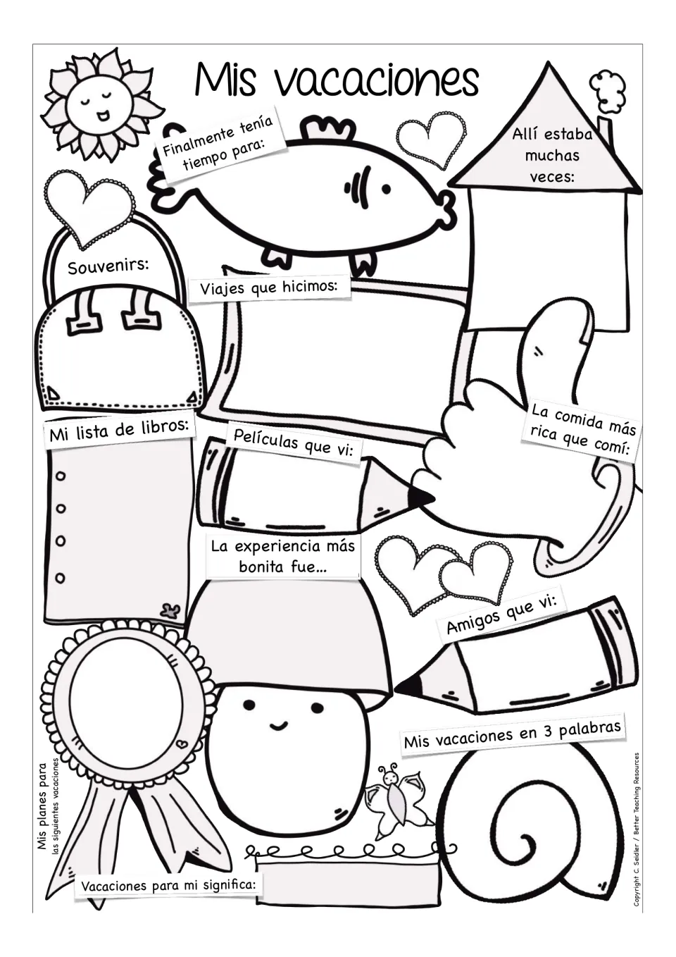 Mis vacaciones: students write in Spanish about souvenirs, trips, books, films, food, friends and a 3-word summary