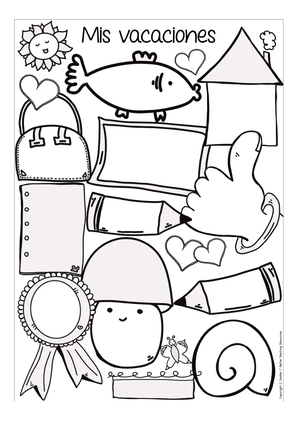 Mis vacaciones blank version: students add their own headings in the fish, house, suitcase, pencils and ribbon shapes
