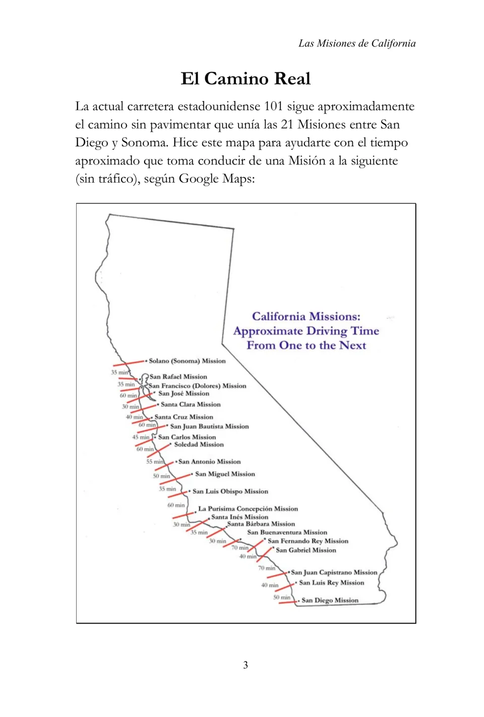Mission guide El Camino Real section with a California map showing 21 missions and approximate driving times