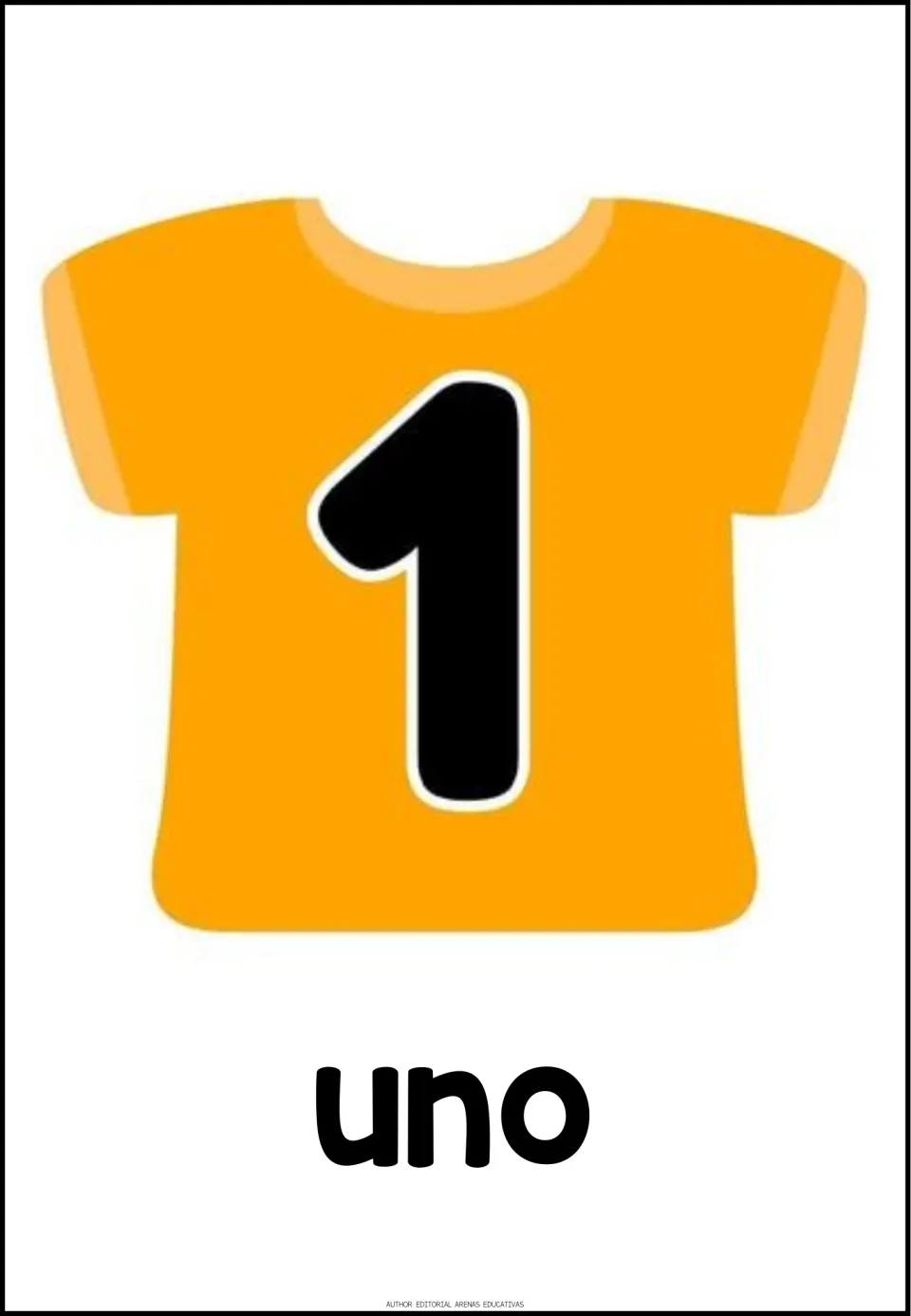 Spanish number poster 1 of 20: the numeral 1 on an orange shirt, paired with the Spanish word uno (one)