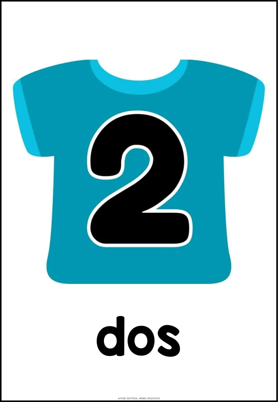 Spanish number poster 2 of 20: the numeral 2 on a teal shirt, paired with the Spanish word dos (two)