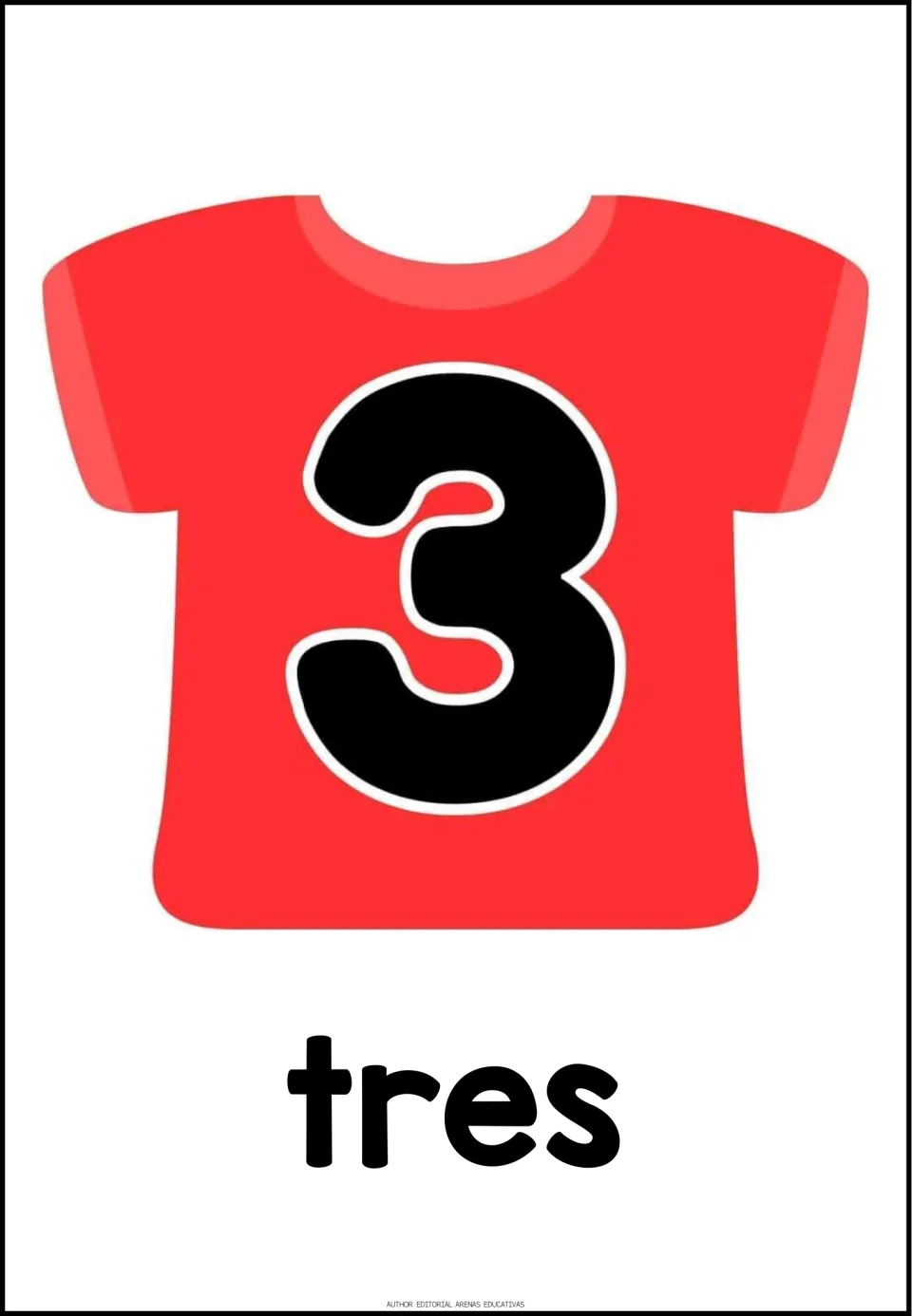 Spanish number poster 3 of 20: the numeral 3 on a red shirt, paired with the Spanish word tres (three)