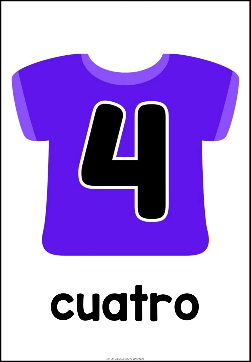 Spanish number poster 4 of 20: the numeral 4 on a purple shirt, paired with the Spanish word cuatro (four)