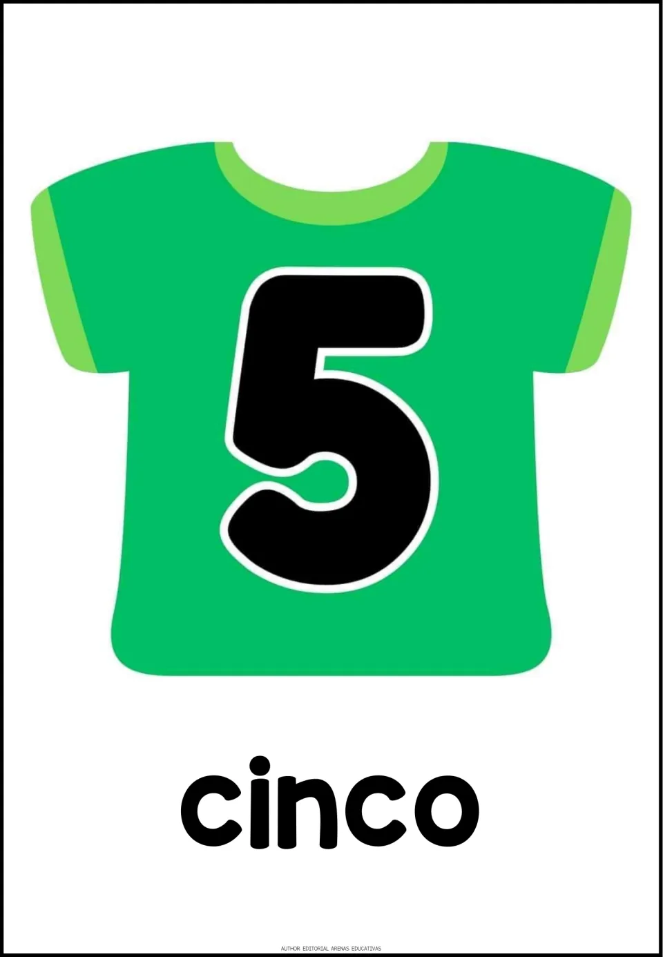 Spanish number poster 5 of 20: the numeral 5 on a green shirt, paired with the Spanish word cinco (five)
