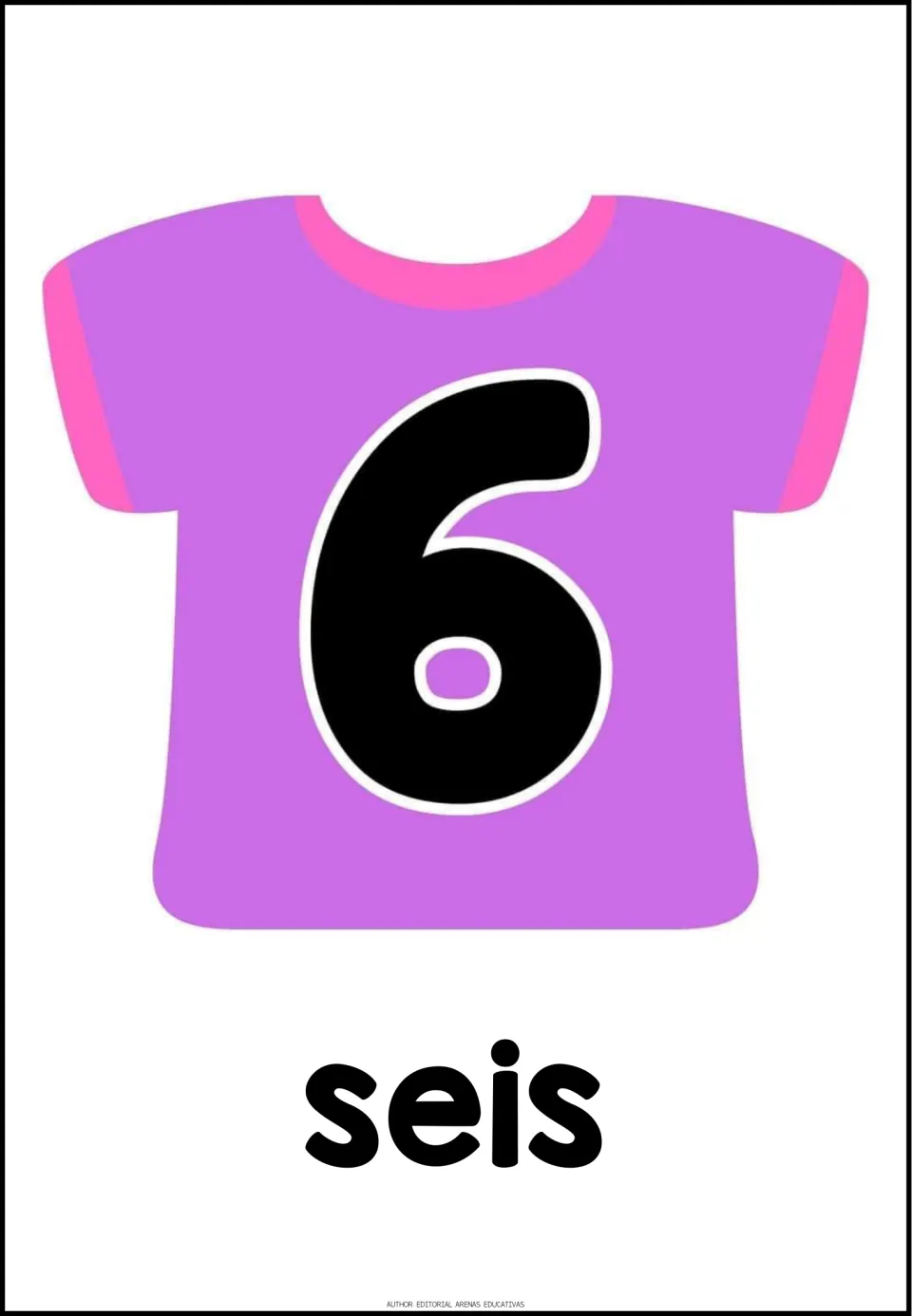 Spanish number poster 6 of 20: the numeral 6 on a lavender shirt, paired with the Spanish word seis (six)
