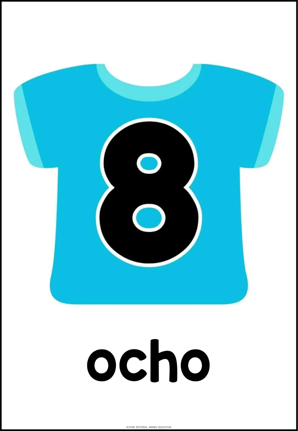 Spanish number poster 8 of 20: the numeral 8 on a turquoise shirt, paired with the Spanish word ocho (eight)