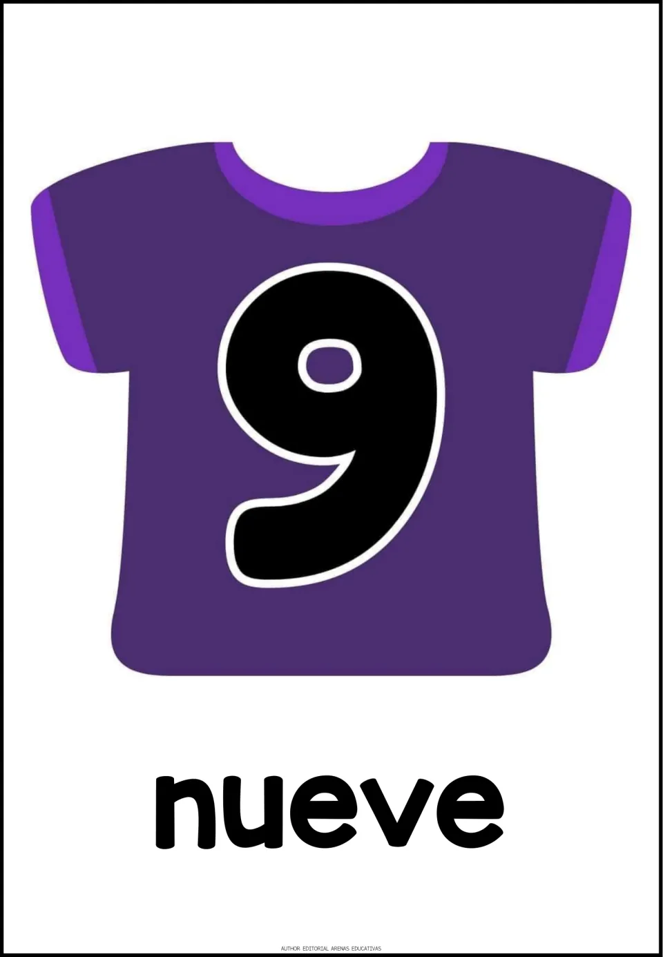 Spanish number poster 9 of 20: the numeral 9 on a purple shirt, paired with the Spanish word nueve (nine)