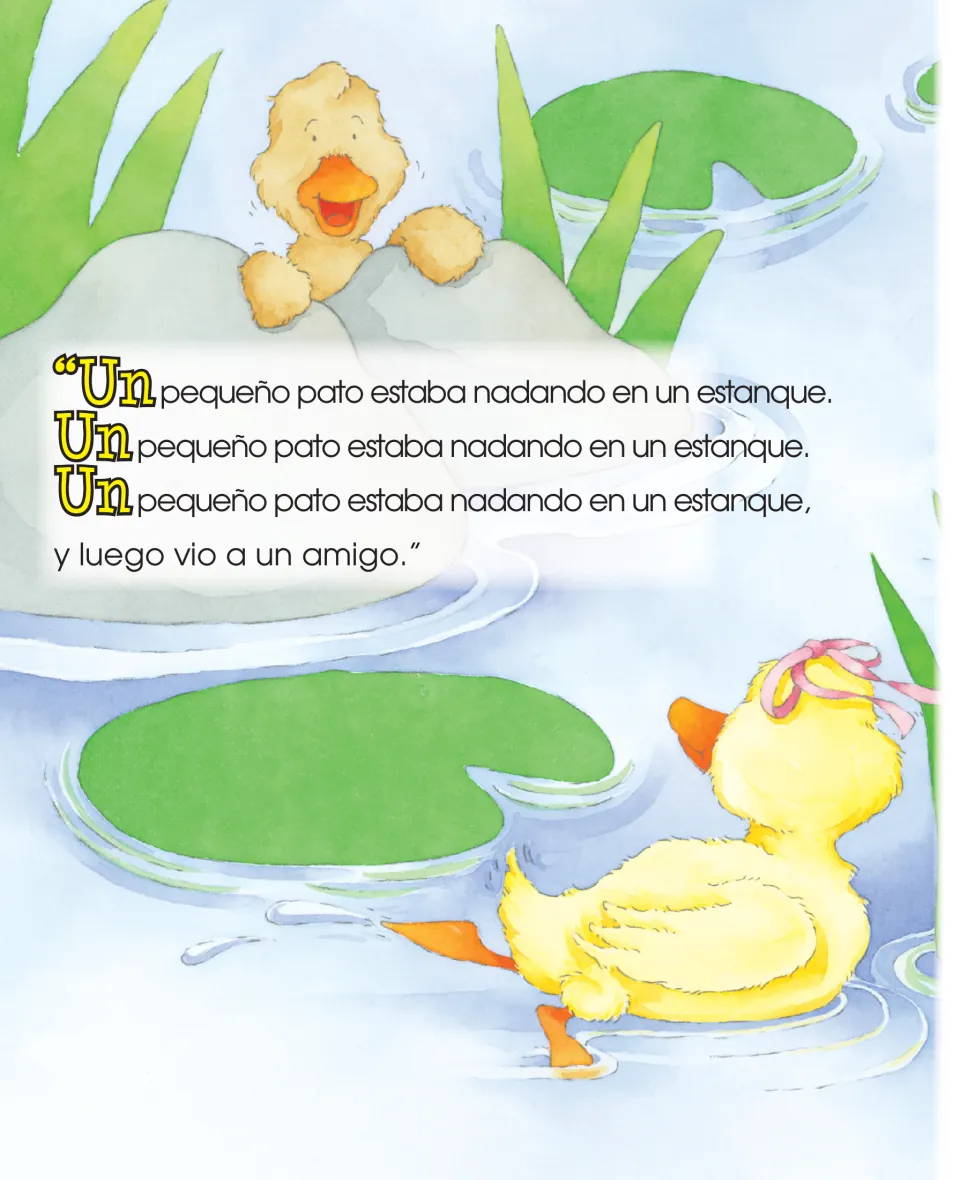 Duck counting story begins with 'Un pequeño pato' (one little duck), repeating the verse before a friend arrives
