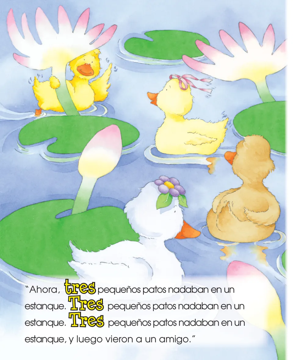 Duck counting story continues with 'tres' (three) little ducks swimming in a pond before they see a friend