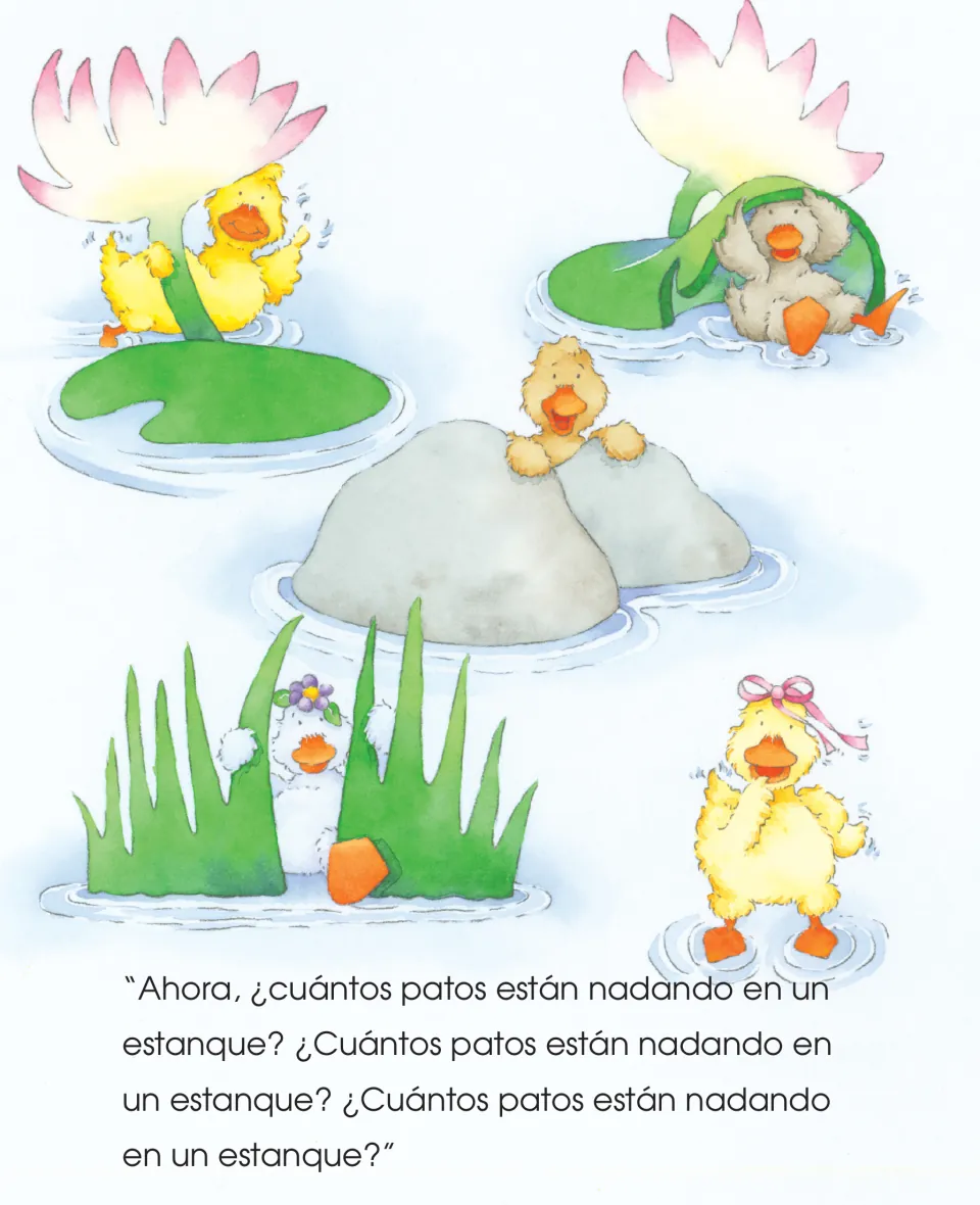 Duck story question asks '¿Cuántos patos están nadando en un estanque?' (How many ducks are swimming in a pond?)