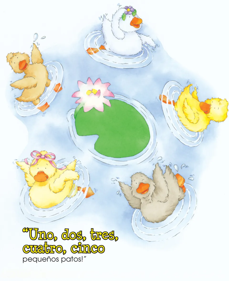 Duck story ends with five swimming ducks and 'Uno, dos, tres, cuatro, cinco' (one, two, three, four, five)
