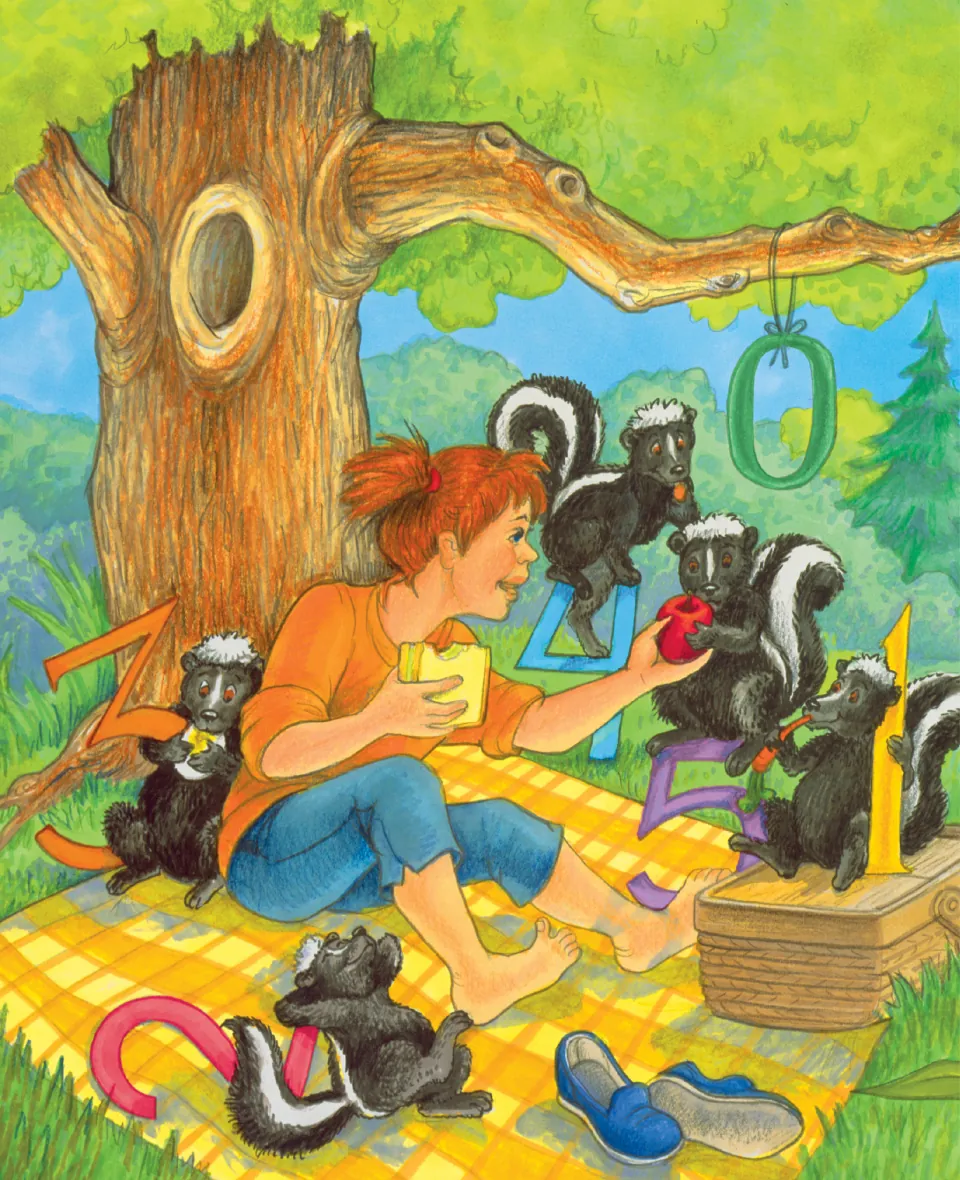 Skunk story illustration in the counting eBook shows five skunks sharing a picnic with a child and numerals 0–5