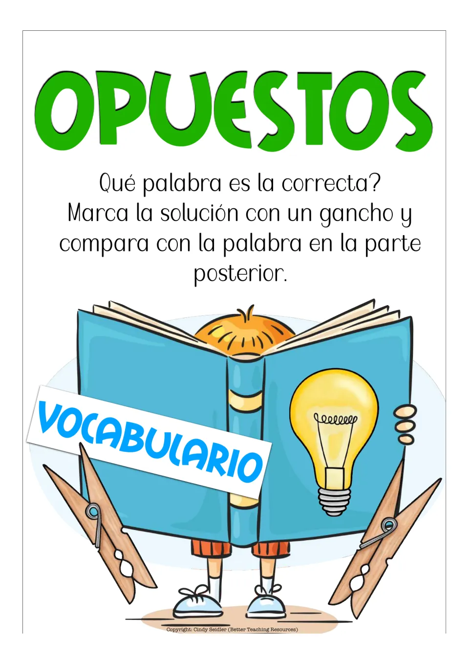 Vocabulario section title: ¿Qué palabra es la correcta? Students clip the right word with a clothespin and check the back