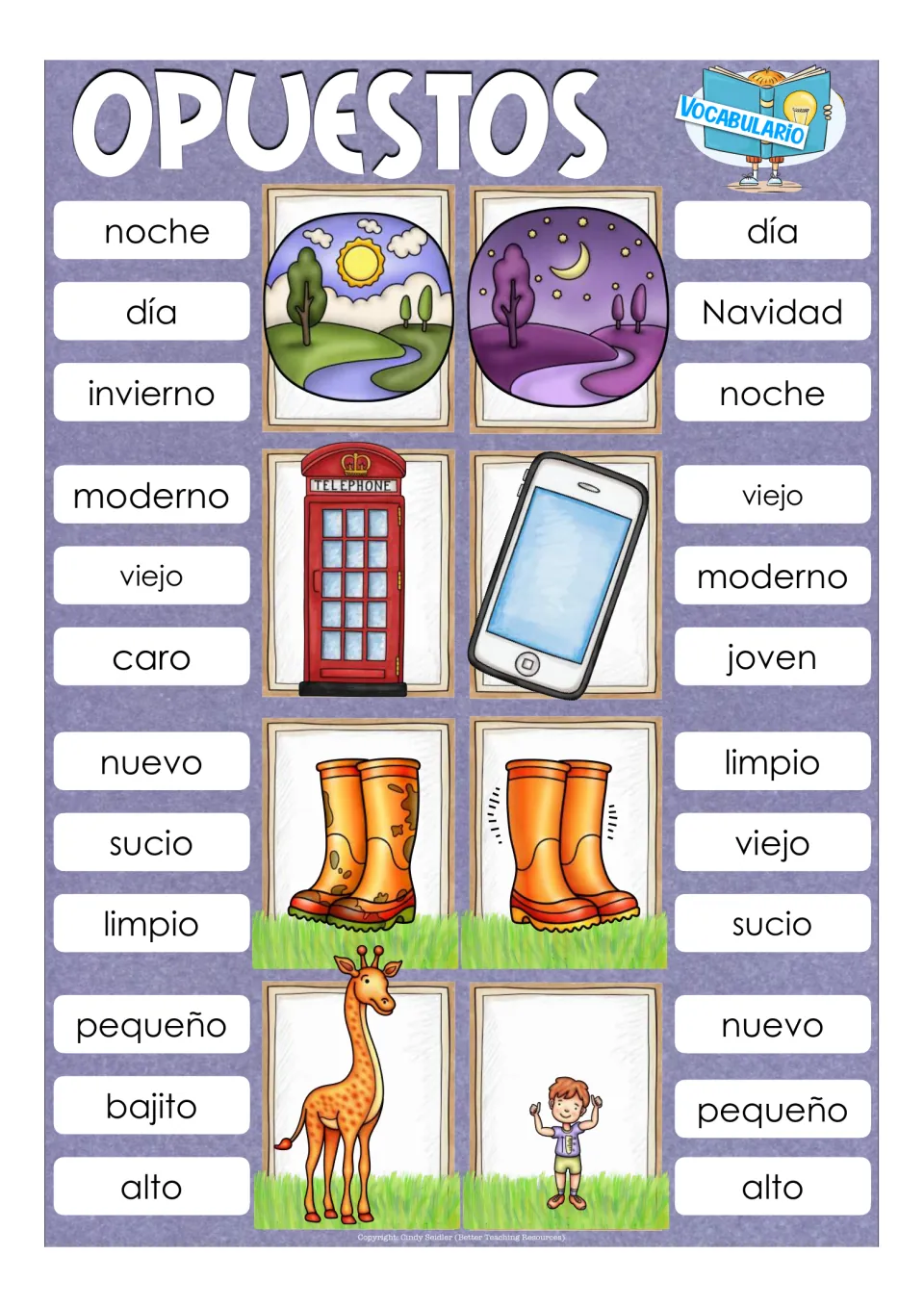 Opposite word cards: día/noche, viejo/moderno phone booth and phone, sucio/limpio boots, alto/pequeño; clip the right word