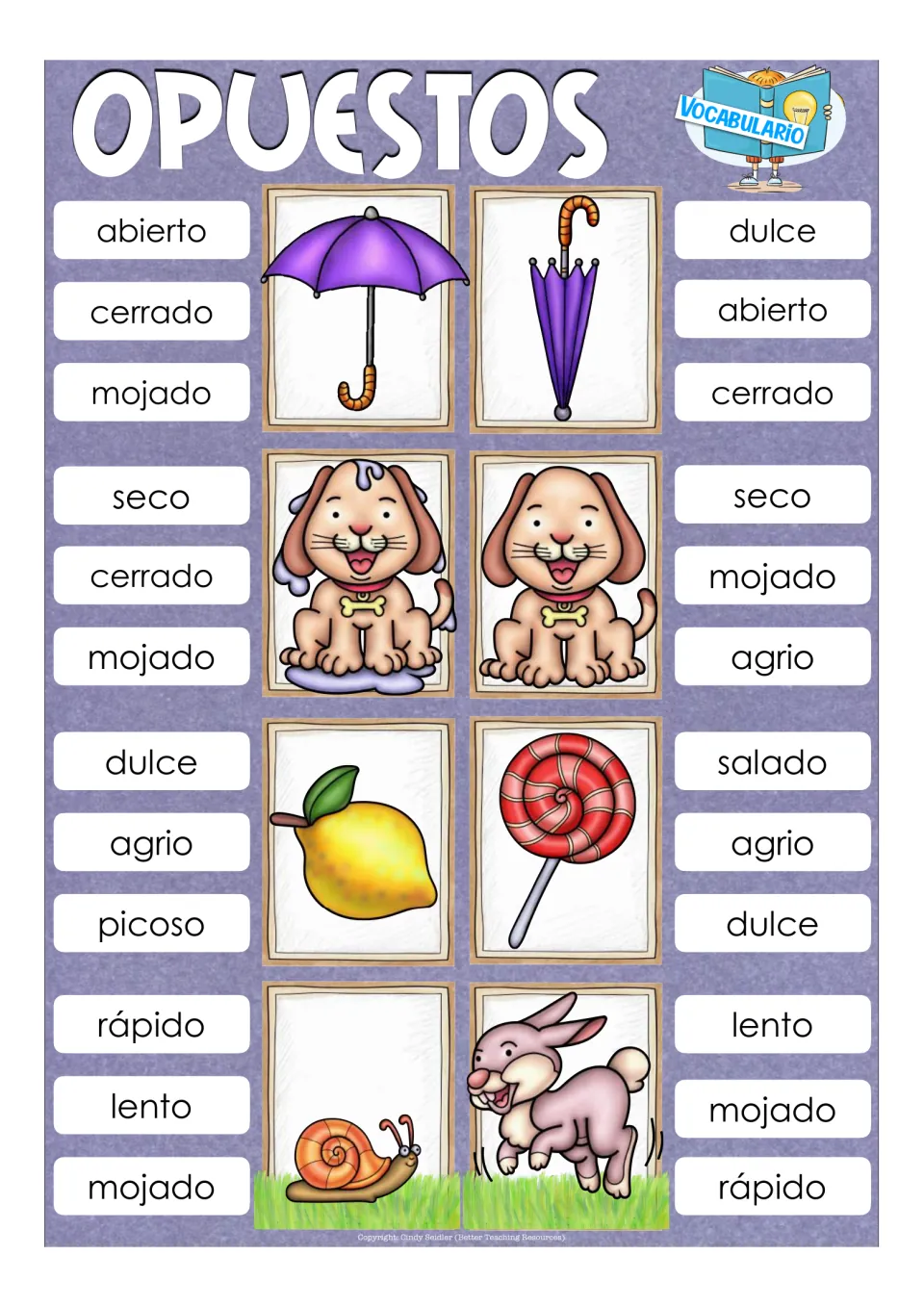 Opposite word cards: abierto/cerrado umbrella, mojado/seco puppy, agrio/dulce, lento/rápido snail; clip the matching word
