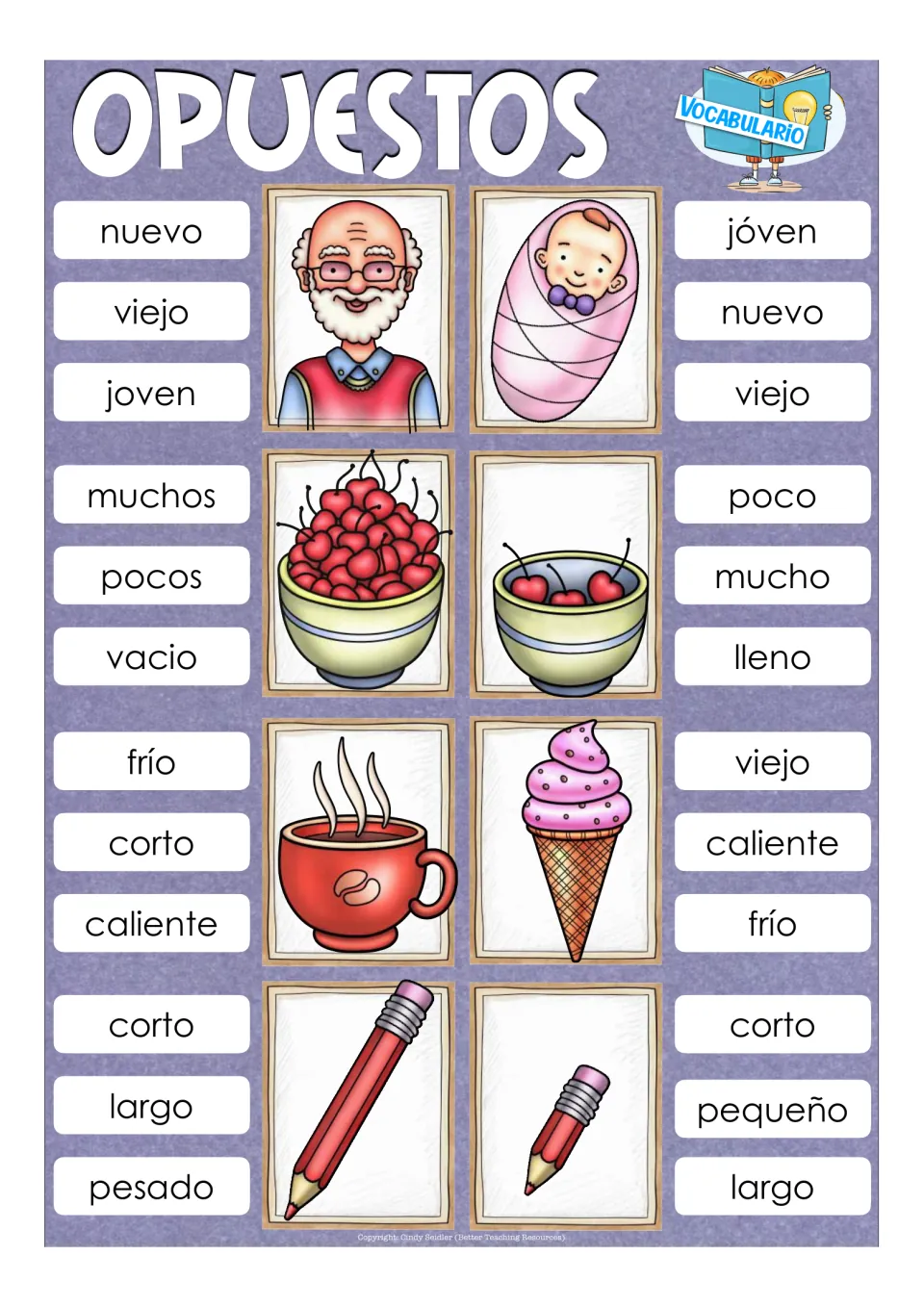 Opposite word cards: viejo/joven, muchos/pocos cherries, caliente/frío, largo/corto pencils; students clip the best word