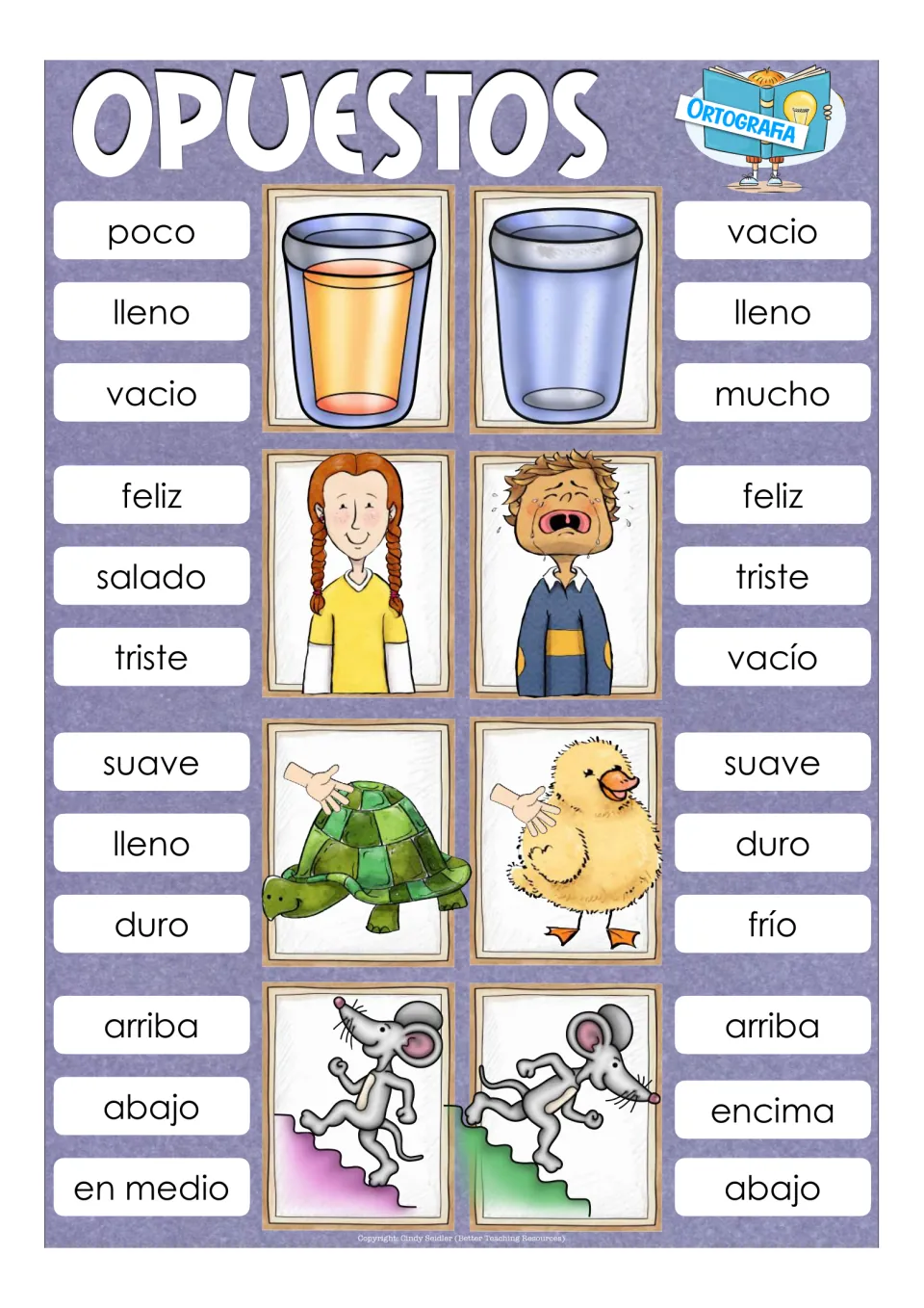 Opposite word cards: lleno/vacío glasses, feliz/triste, duro/suave, arriba/abajo mouse; students clip each answer