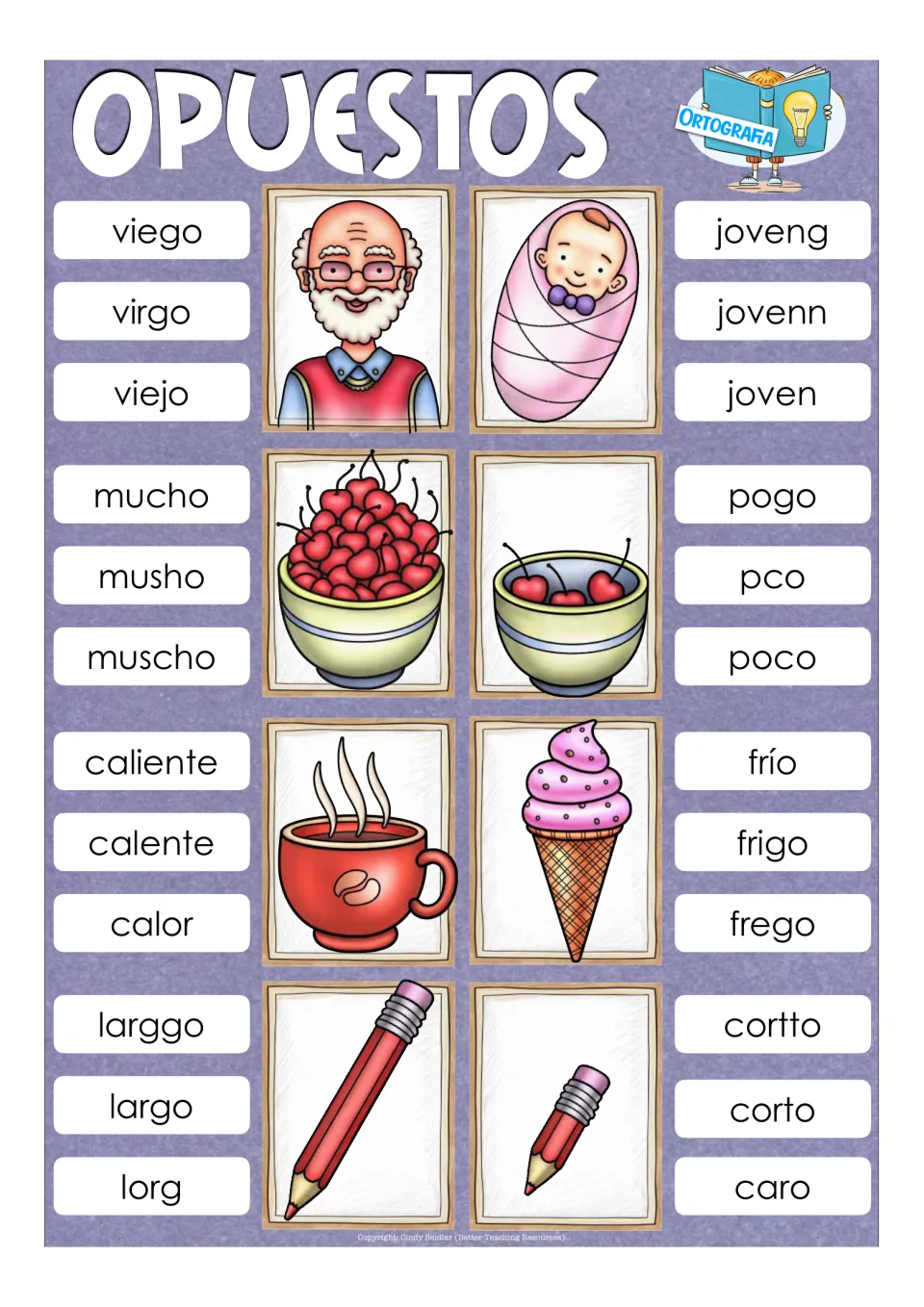 Opposites spelling cards: spot viejo, joven, mucho, poco, caliente, frío, largo and corto among look-alike misspellings