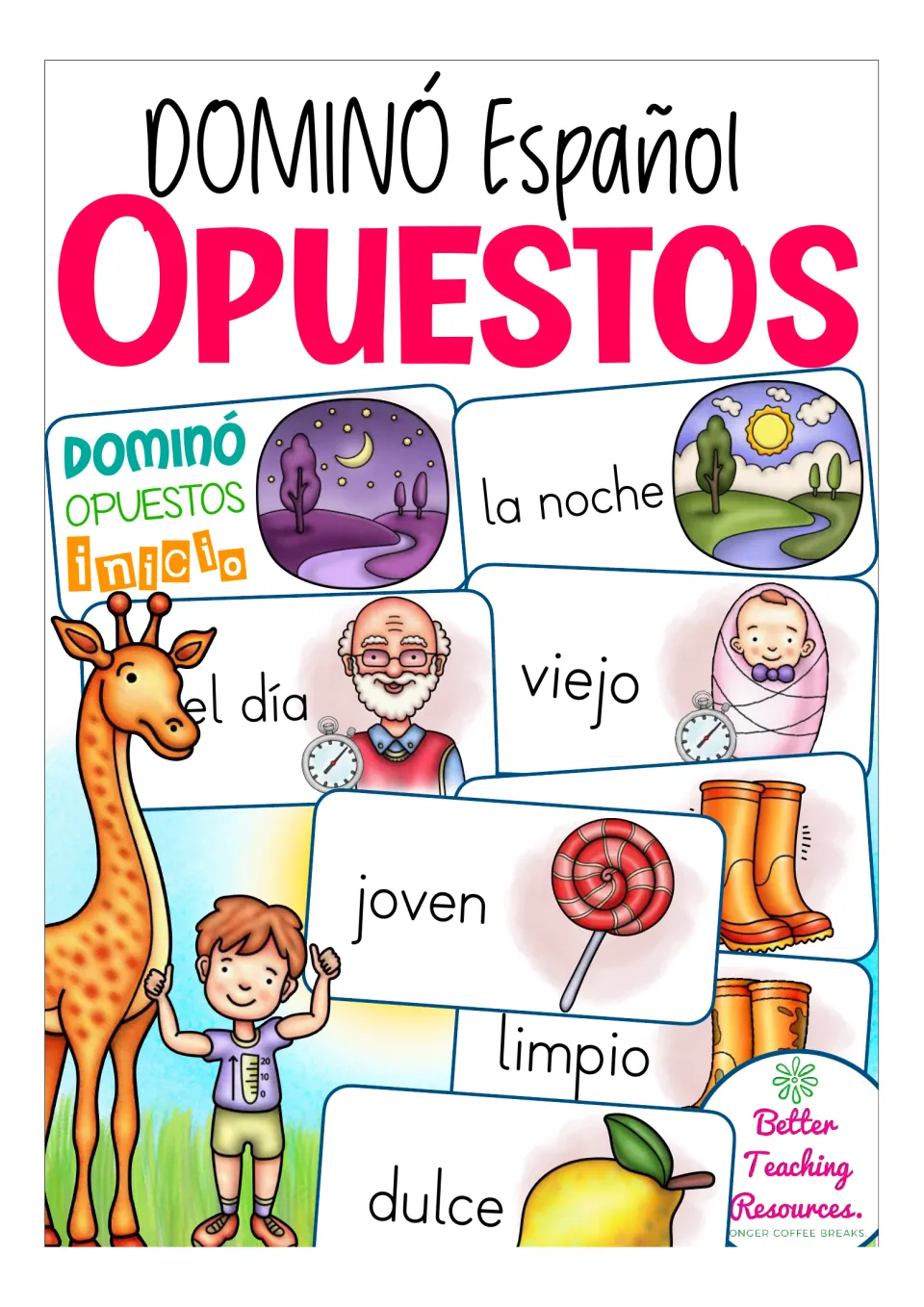 Spanish opposites domino game cover, DOMINÓ Español OPUESTOS, with picture cards like la noche, viejo, joven and dulce