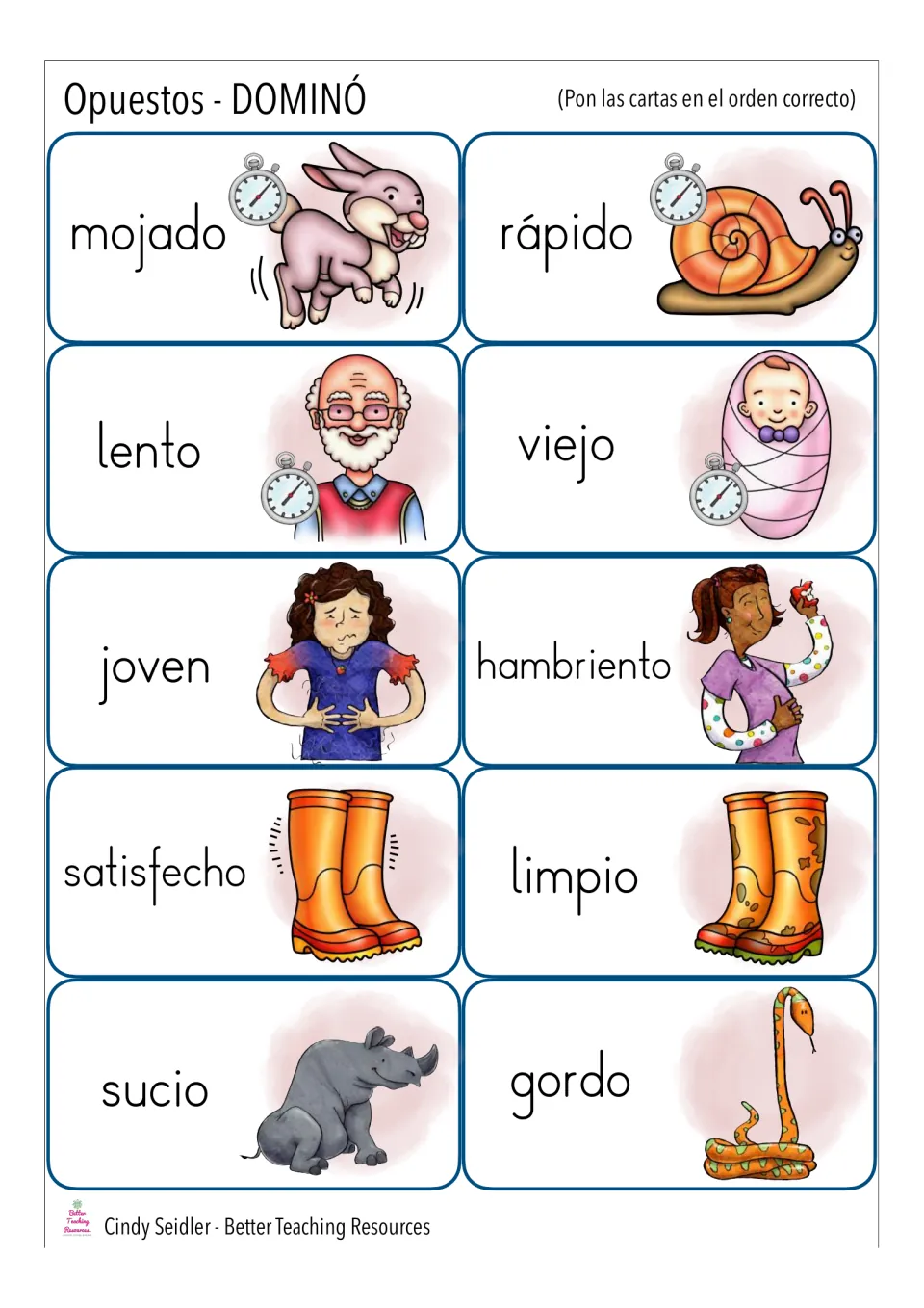 Opposites domino cut-out pieces with mojado, rápido, lento, viejo, joven, hambriento, satisfecho, limpio, sucio, gordo