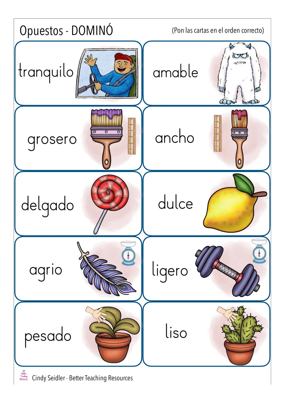Opposites domino cut-out pieces: tranquilo, amable, grosero, ancho, delgado, dulce, agrio, ligero, pesado and liso cards