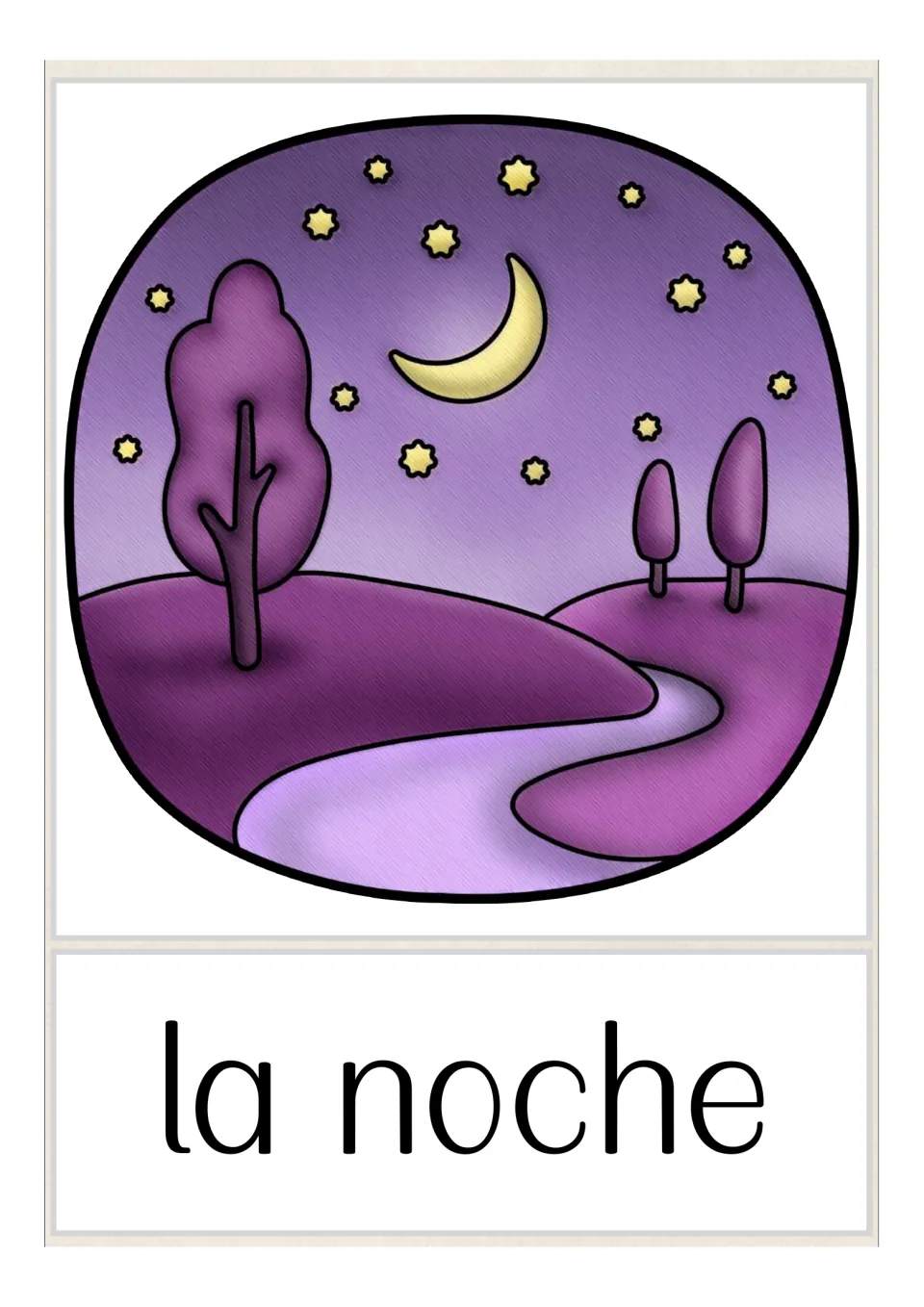 Spanish opposites card for la noche: a purple night landscape with a crescent moon and stars over hills and a river