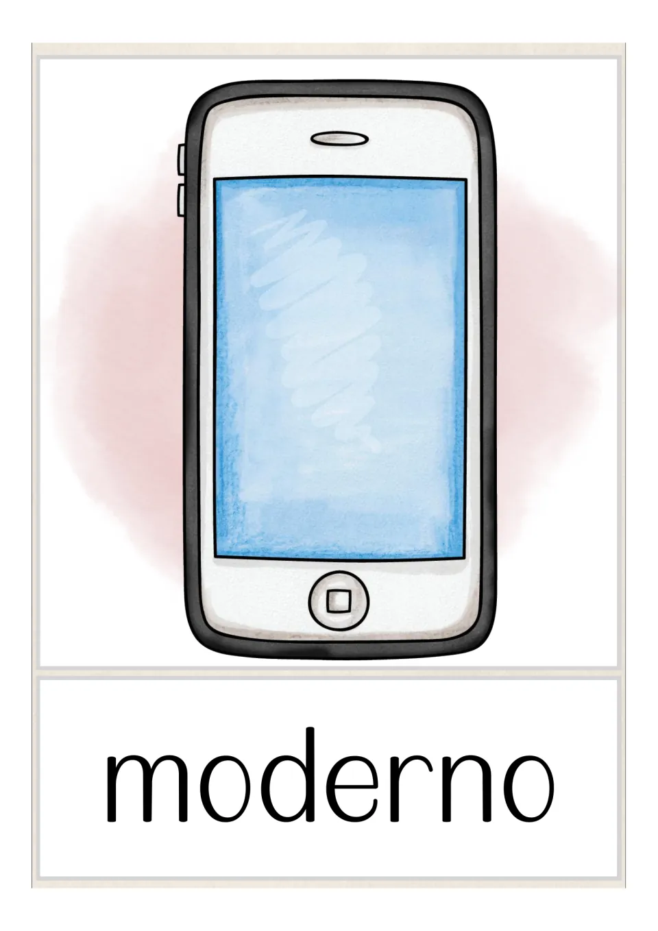 Spanish vocabulary card for moderno showing a smartphone with a blue screen, the modern half of the old/new opposite pair