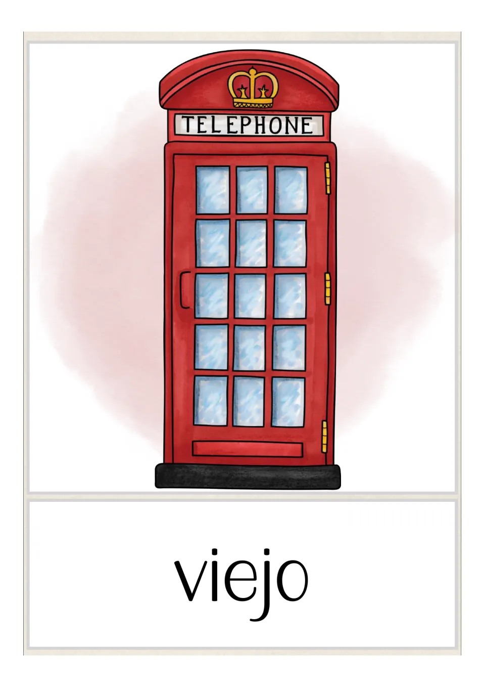 Spanish vocabulary card for viejo showing a classic red telephone box with a crown, contrasting with the moderno phone