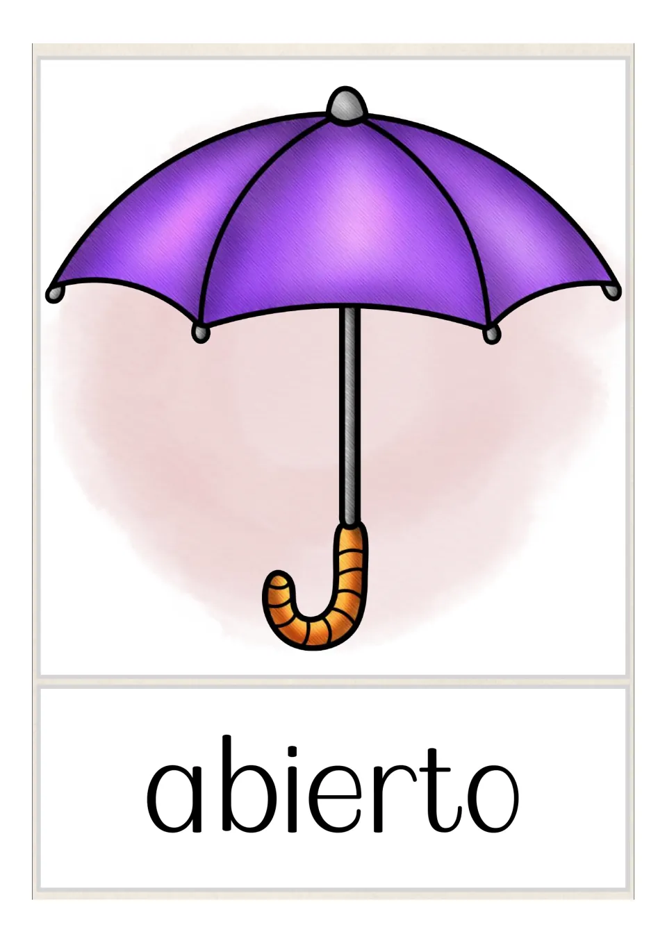Spanish adjective card for abierto: an open purple umbrella with an orange handle, illustrating the word open