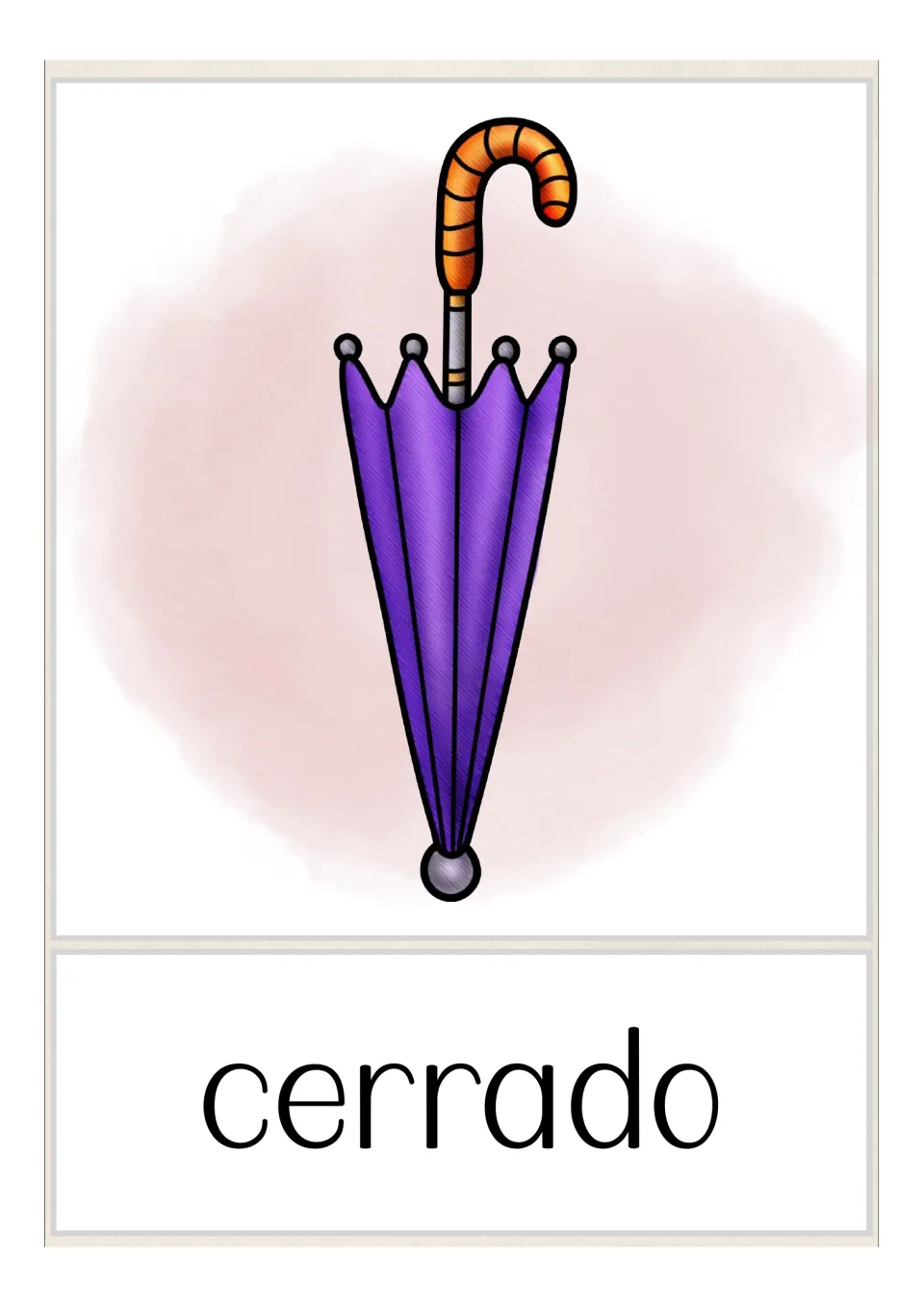Spanish adjective card for cerrado: the same purple umbrella folded shut, the closed counterpart to abierto
