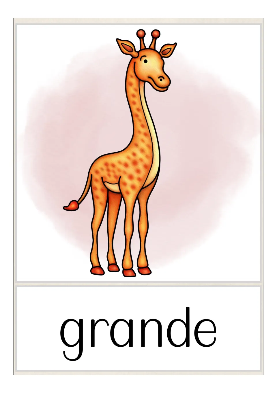 Spanish size word card for grande: a tall orange spotted giraffe standing on long legs to show big