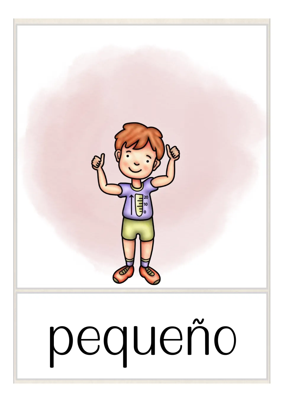 Spanish size word card for pequeño: a small smiling boy giving two thumbs up, shown little in the frame
