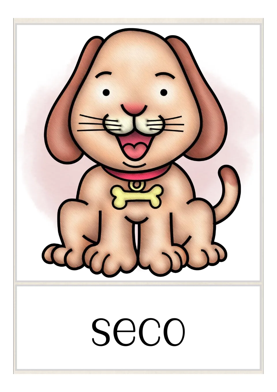 Spanish adjective card for seco: a happy tan puppy with a red collar and bone tag, dry and clean