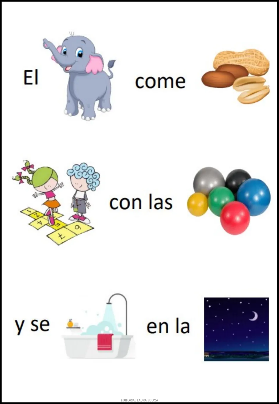 Pictogram sentences: students read El (elephant) come (peanuts), with ball play, bath and night pictures replacing words