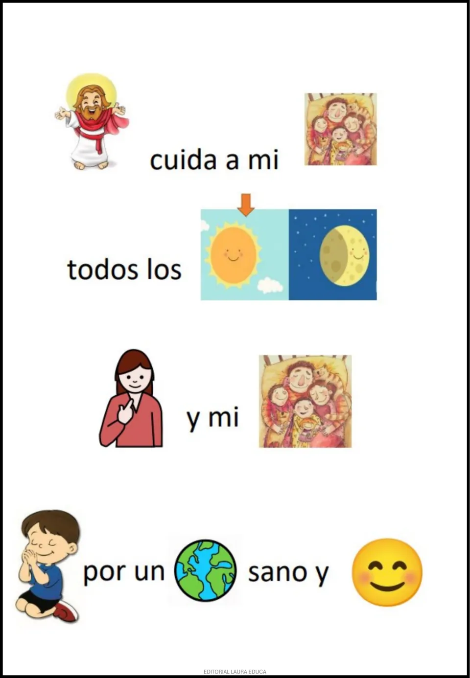 Rebus prayer: Jesus cuida a mi familia todos los días; a praying child asks for a healthy world and happiness