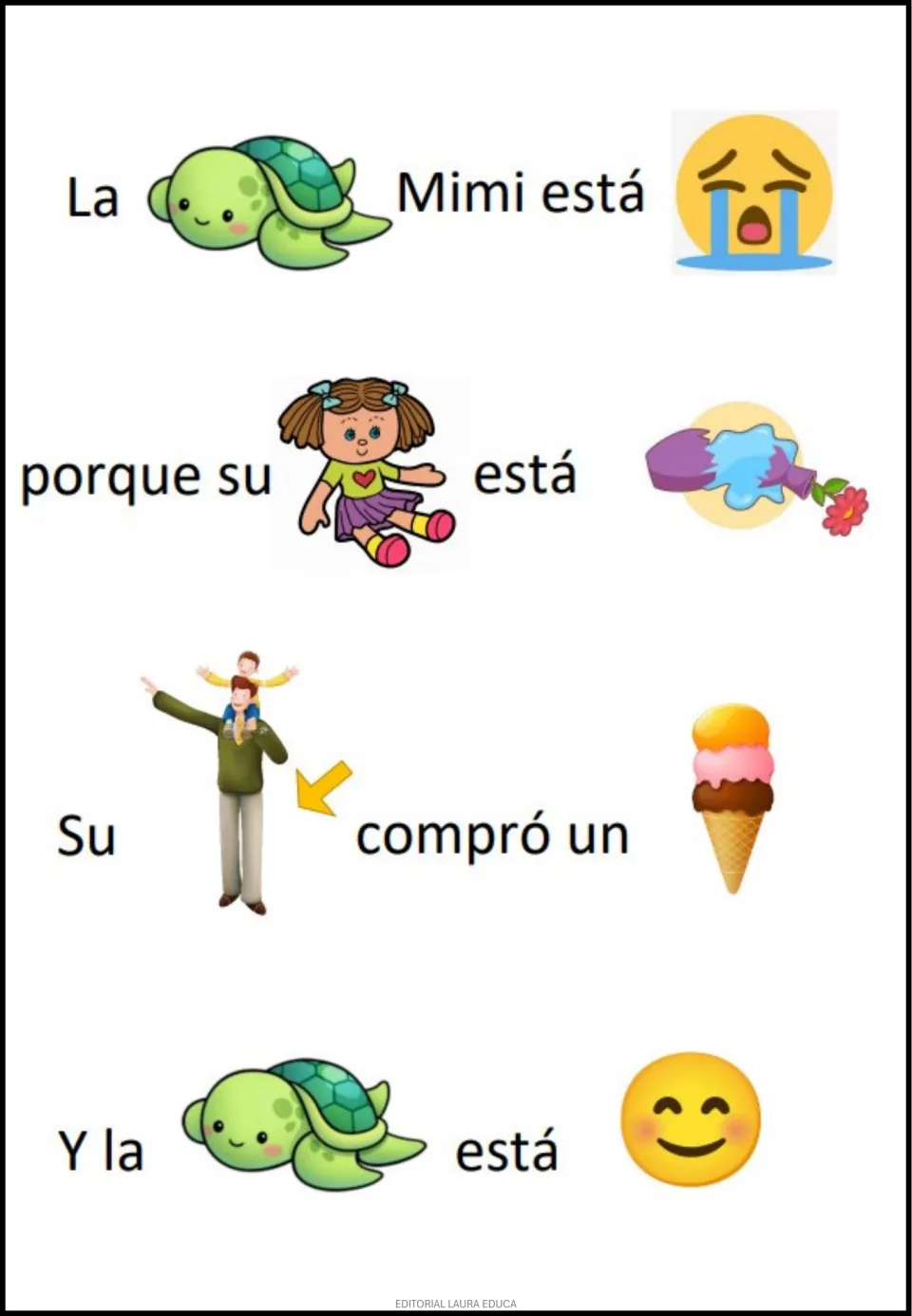 Mimi the turtle rebus: Mimi cries because her doll is broken, then her dad buys an ice cream and she is happy again