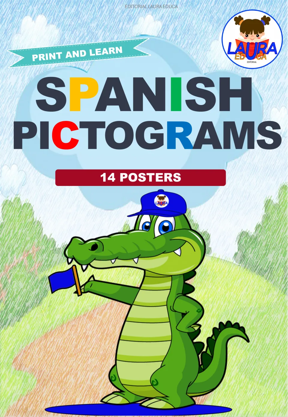 Cover of Spanish Pictograms, labeled '14 Posters' and 'Print and Learn,' from Editorial Laura Educa