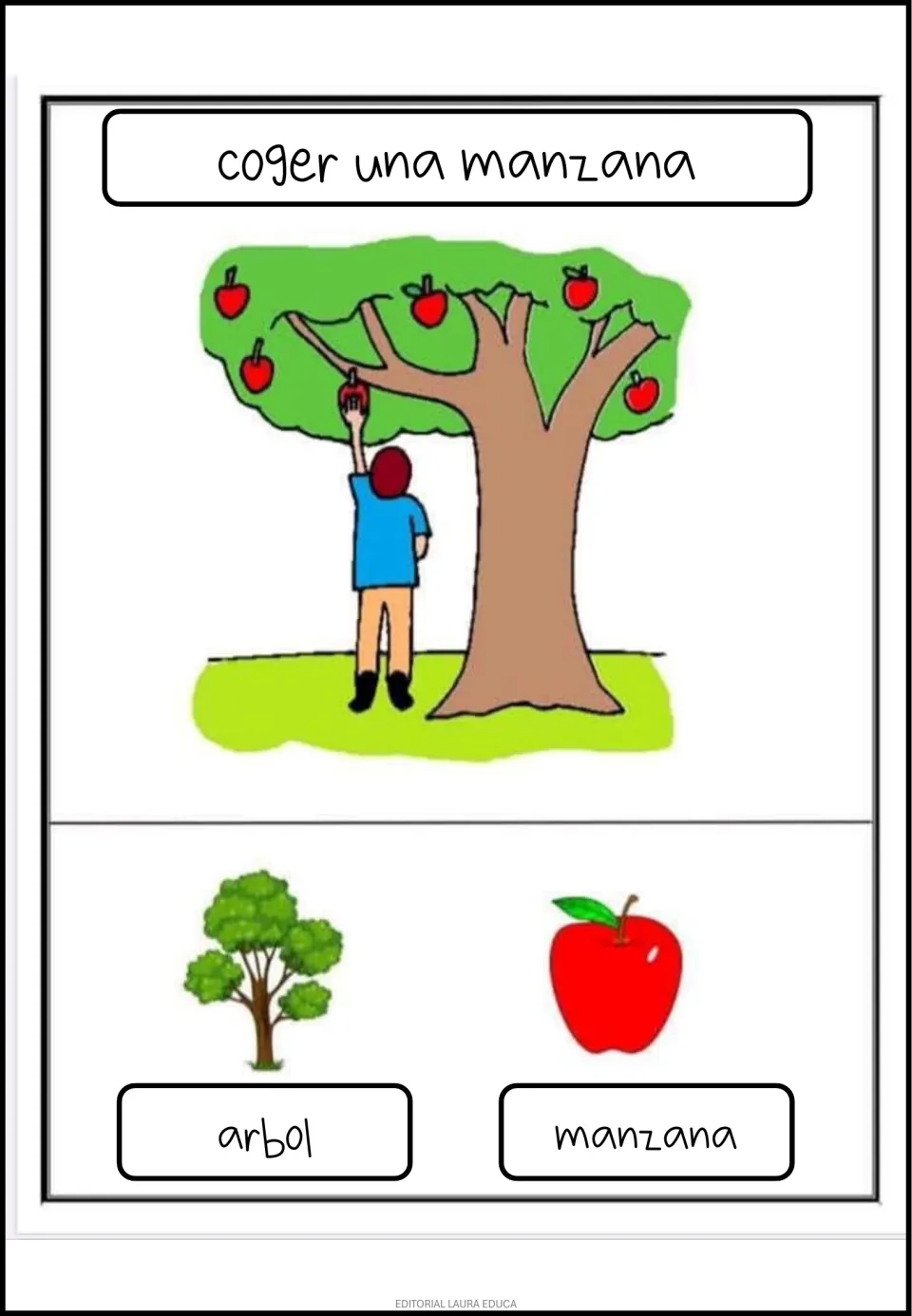 Spanish poster: 'coger una manzana' (pick an apple), showing apple picking and tree and apple vocabulary