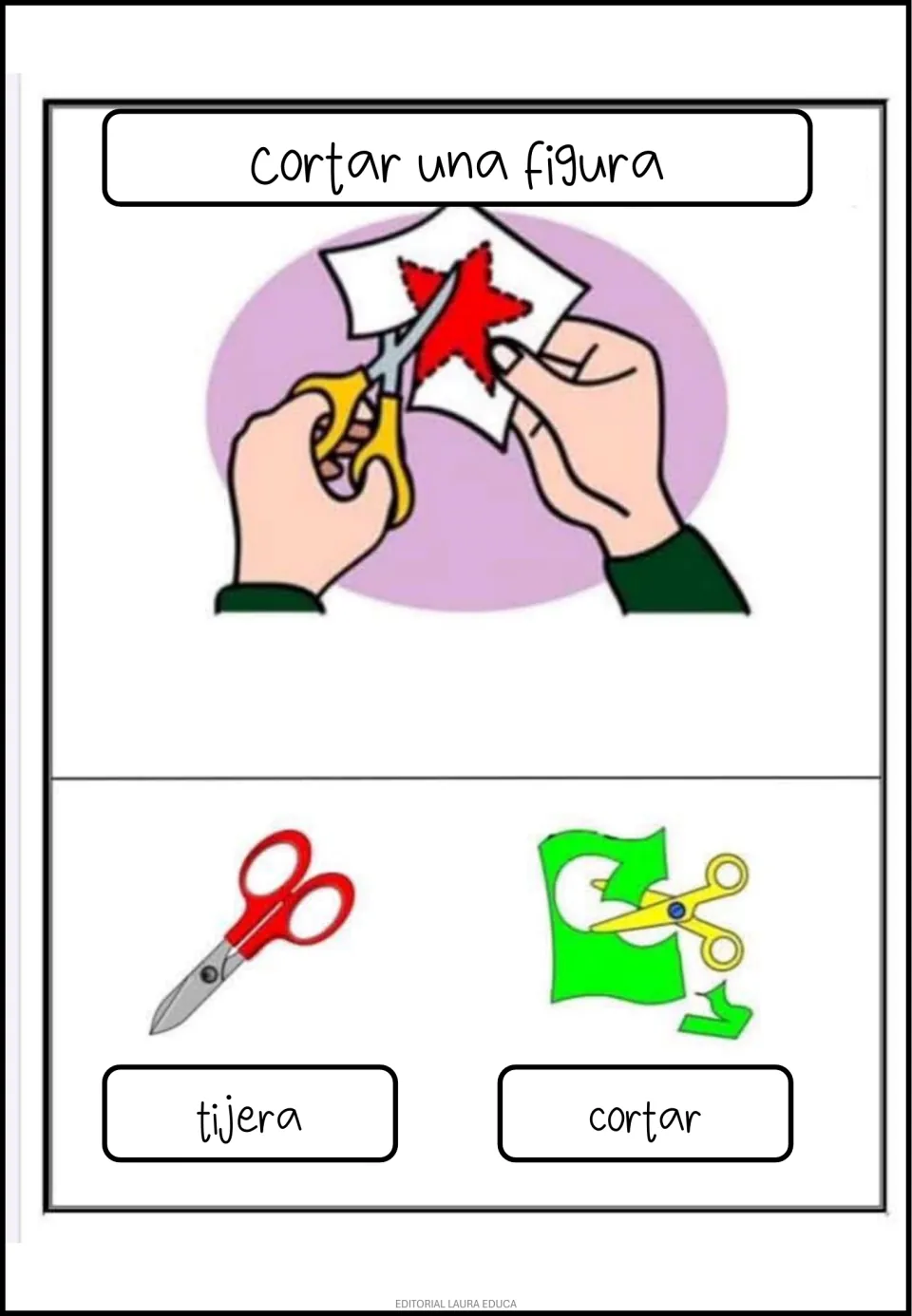 Spanish poster: 'Cortar una figura' (cut out a shape), with scissors and the labels 'tijera' and 'cortar'