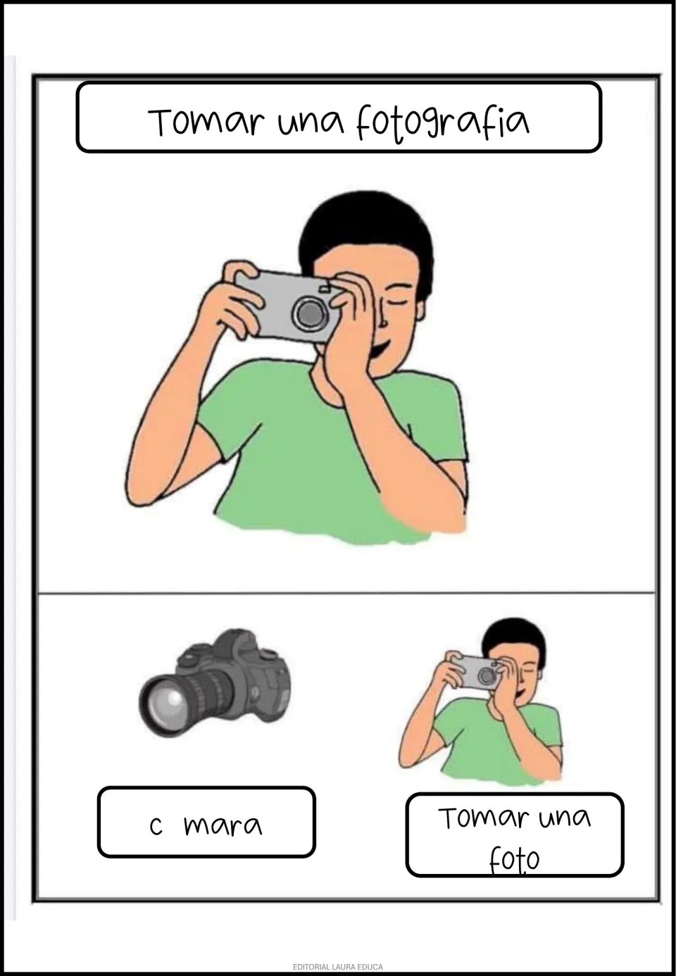 Spanish poster: 'Tomar una fotografia' (take a photograph), showing a camera and a person taking a photo