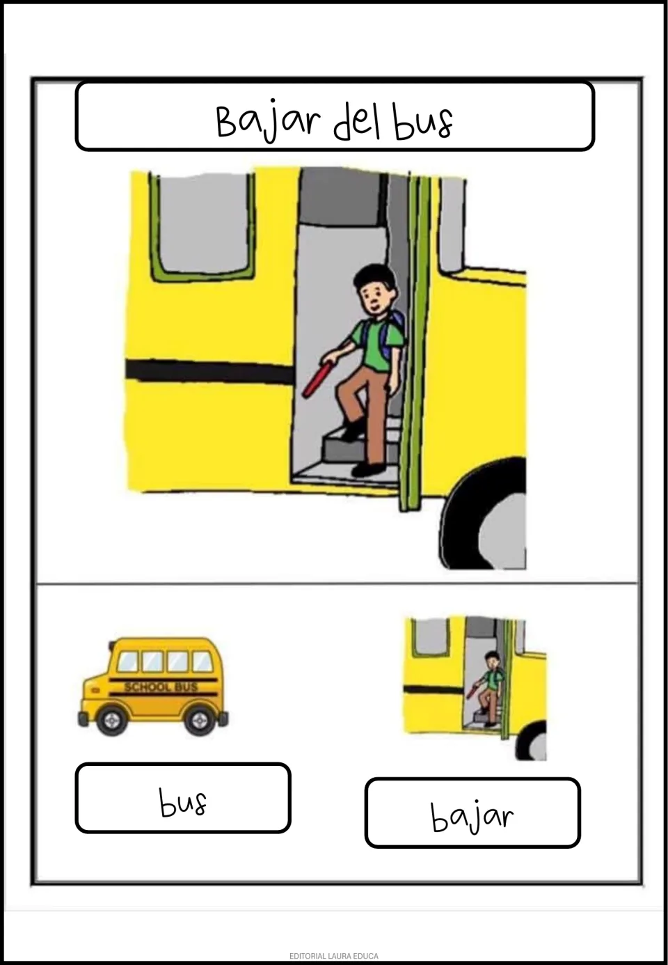 Spanish poster: 'Bajar del bus' (get off the bus), showing a child exiting and the labels 'bus' and 'bajar'