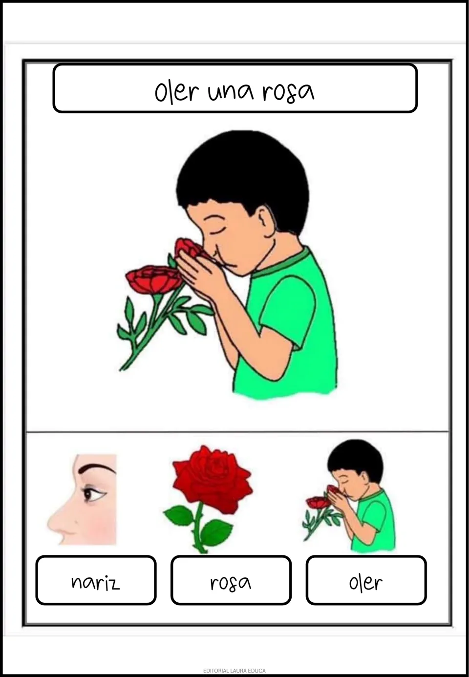 Spanish poster: 'oler una rosa' (smell a rose), with illustrated vocabulary for nose, rose, and smelling