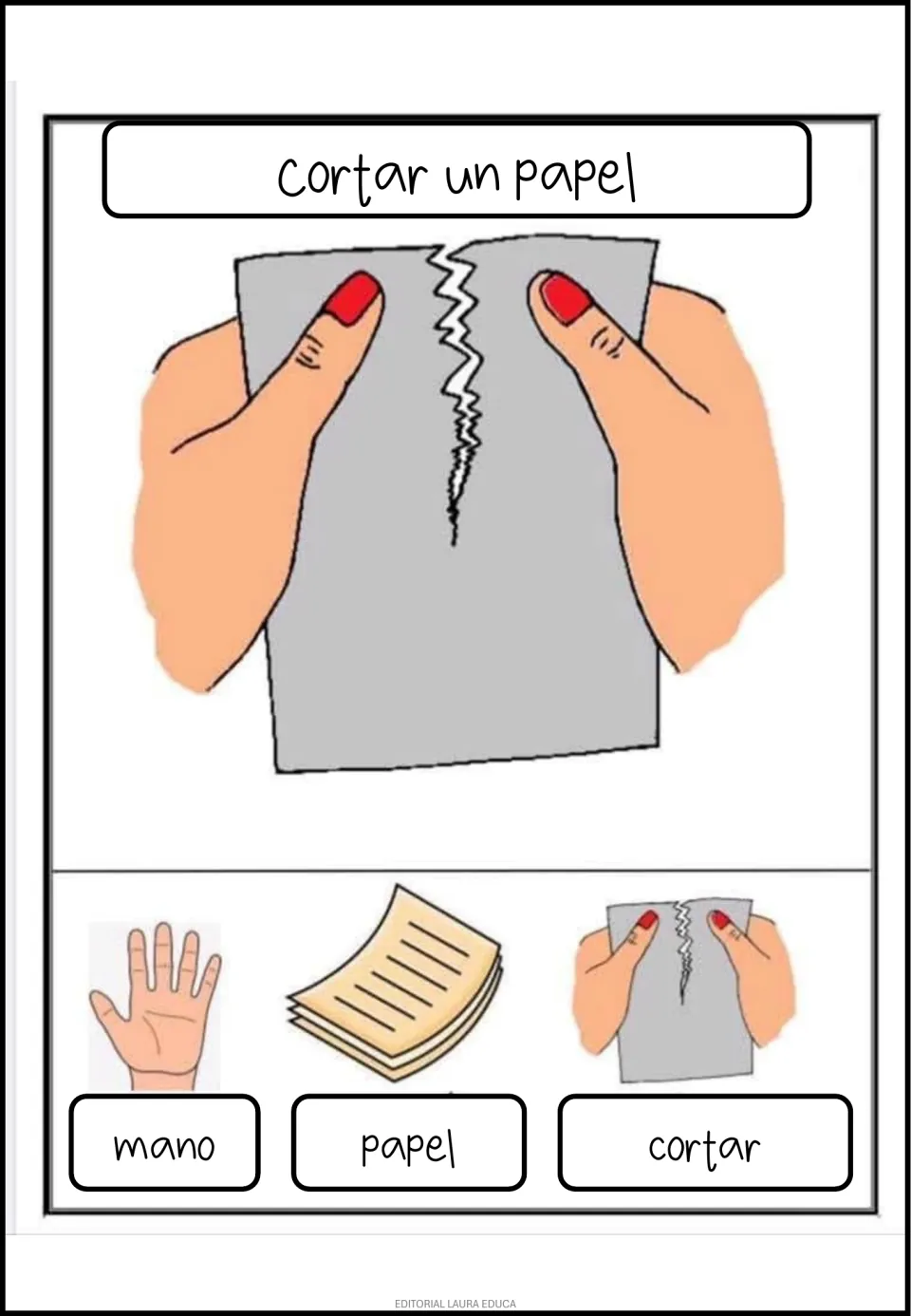 Spanish poster: 'Cortar un papel' (cut a piece of paper), showing hands tearing paper and related vocabulary