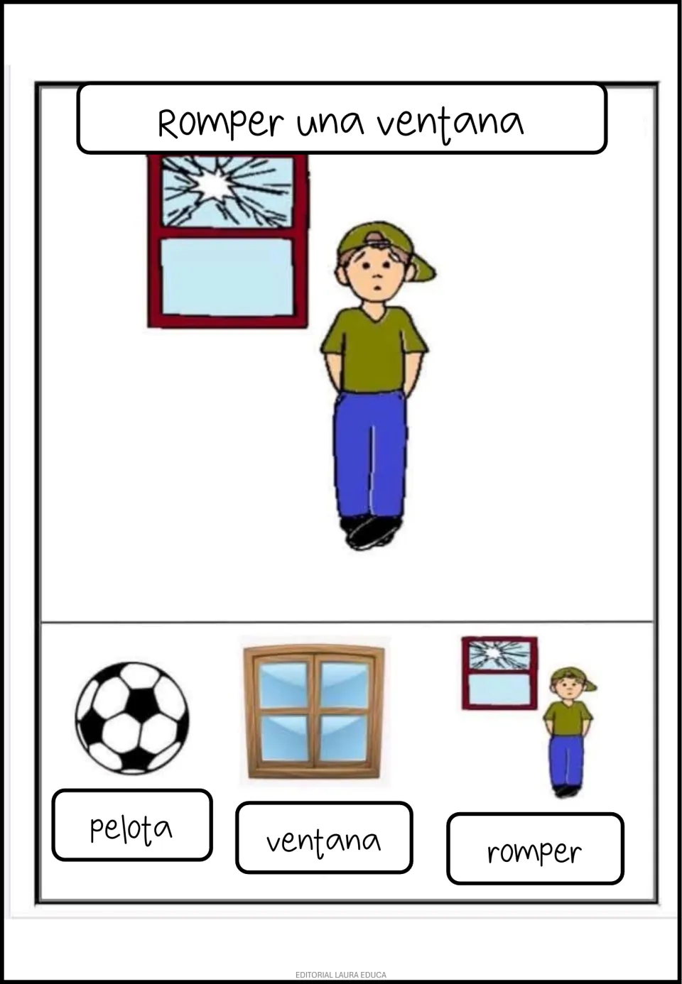 Spanish poster: 'Romper una ventana' (break a window), with picture vocabulary for ball, window, and break