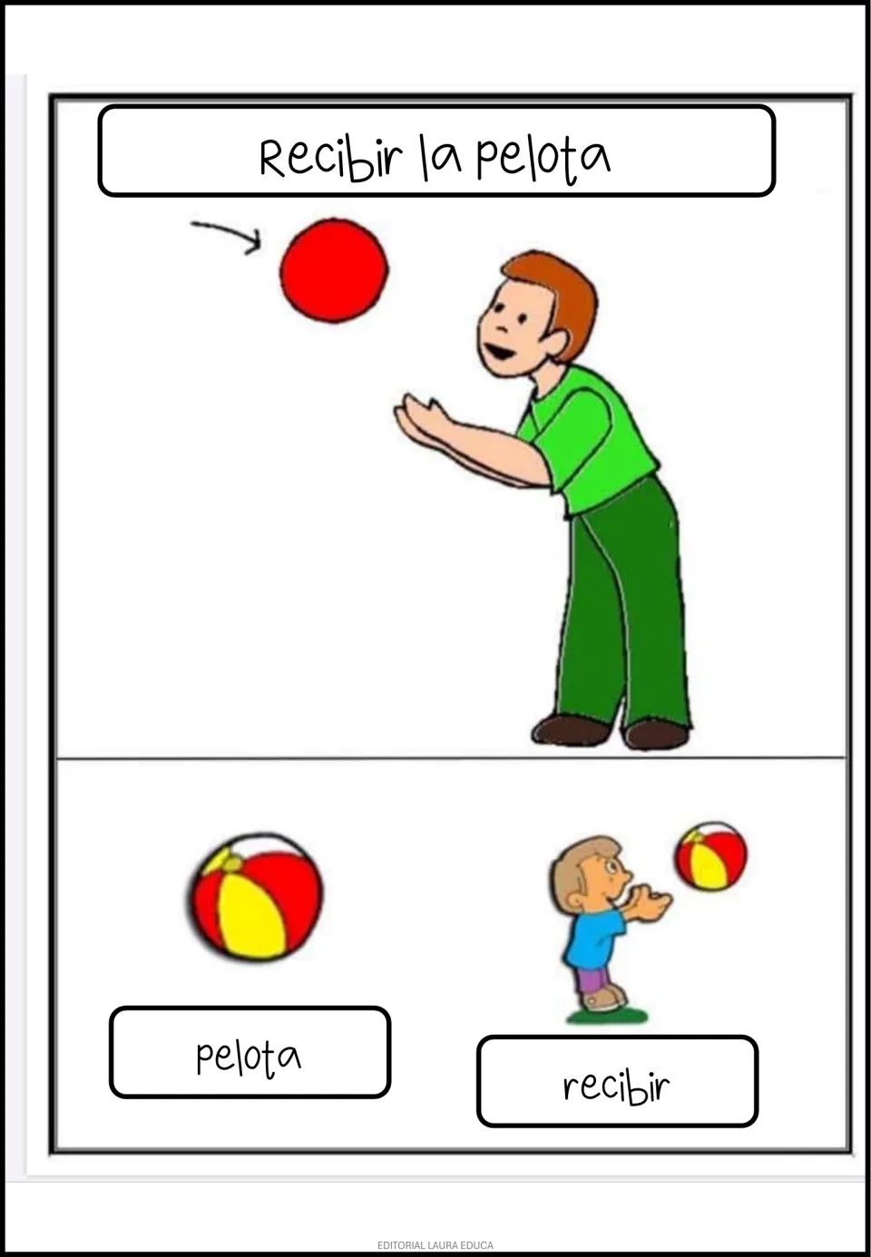 Spanish poster: 'Recibir la pelota' (receive the ball), showing a child catching and labels for ball and receive