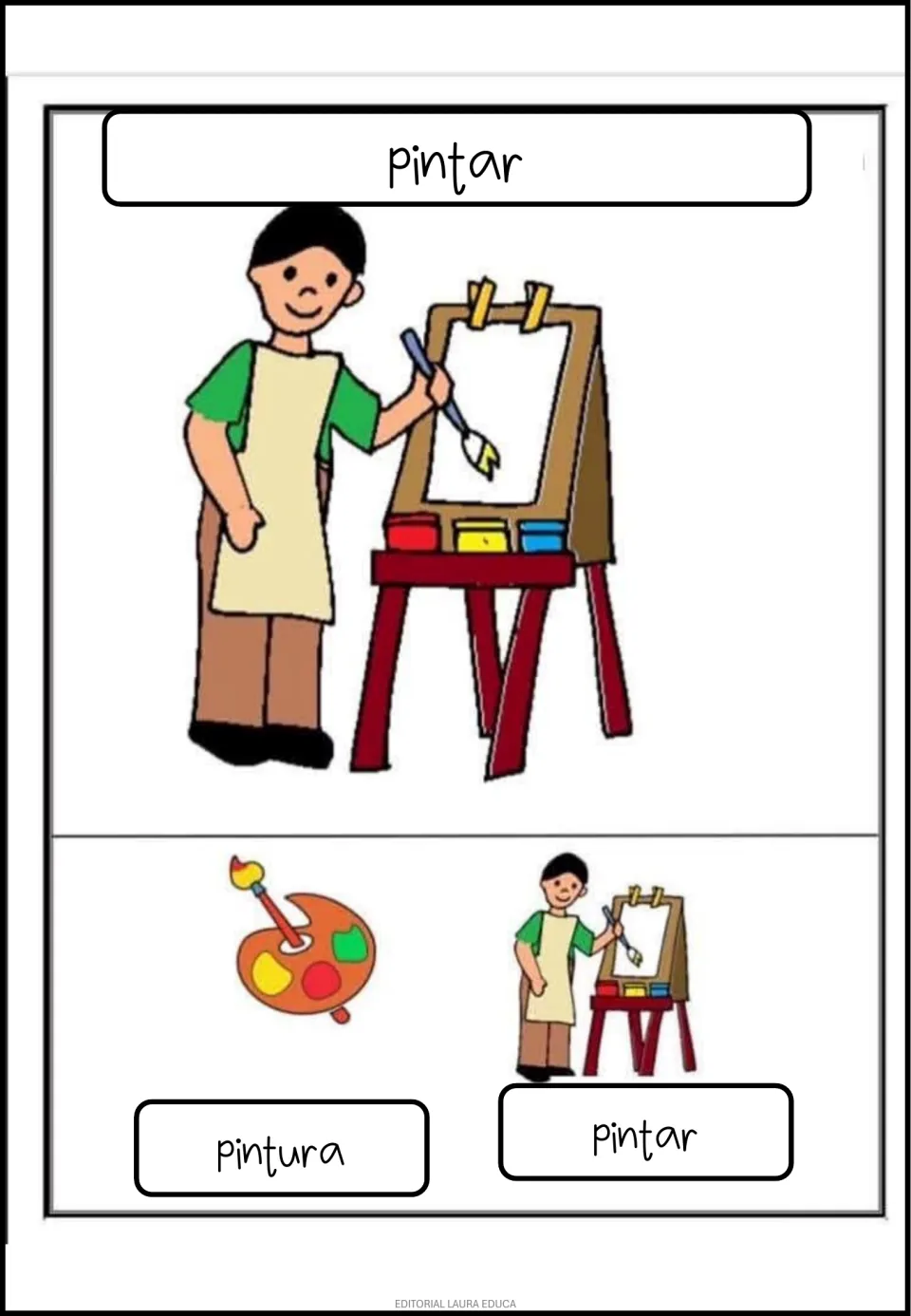 Spanish poster: 'Pintar' (to paint), showing a child painting at an easel and labels 'pintura' and 'pintar'